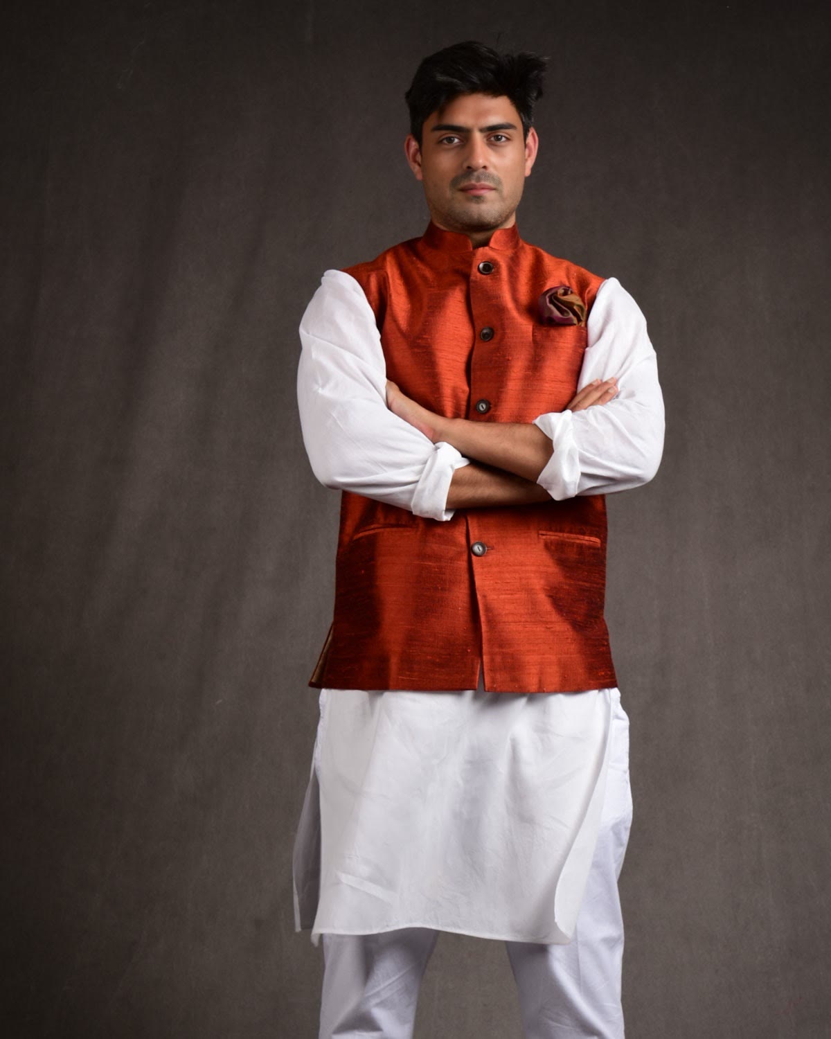Rust Banarasi Textured Handwoven Raw Silk Mens Modi Jacket-HolyWeaves
