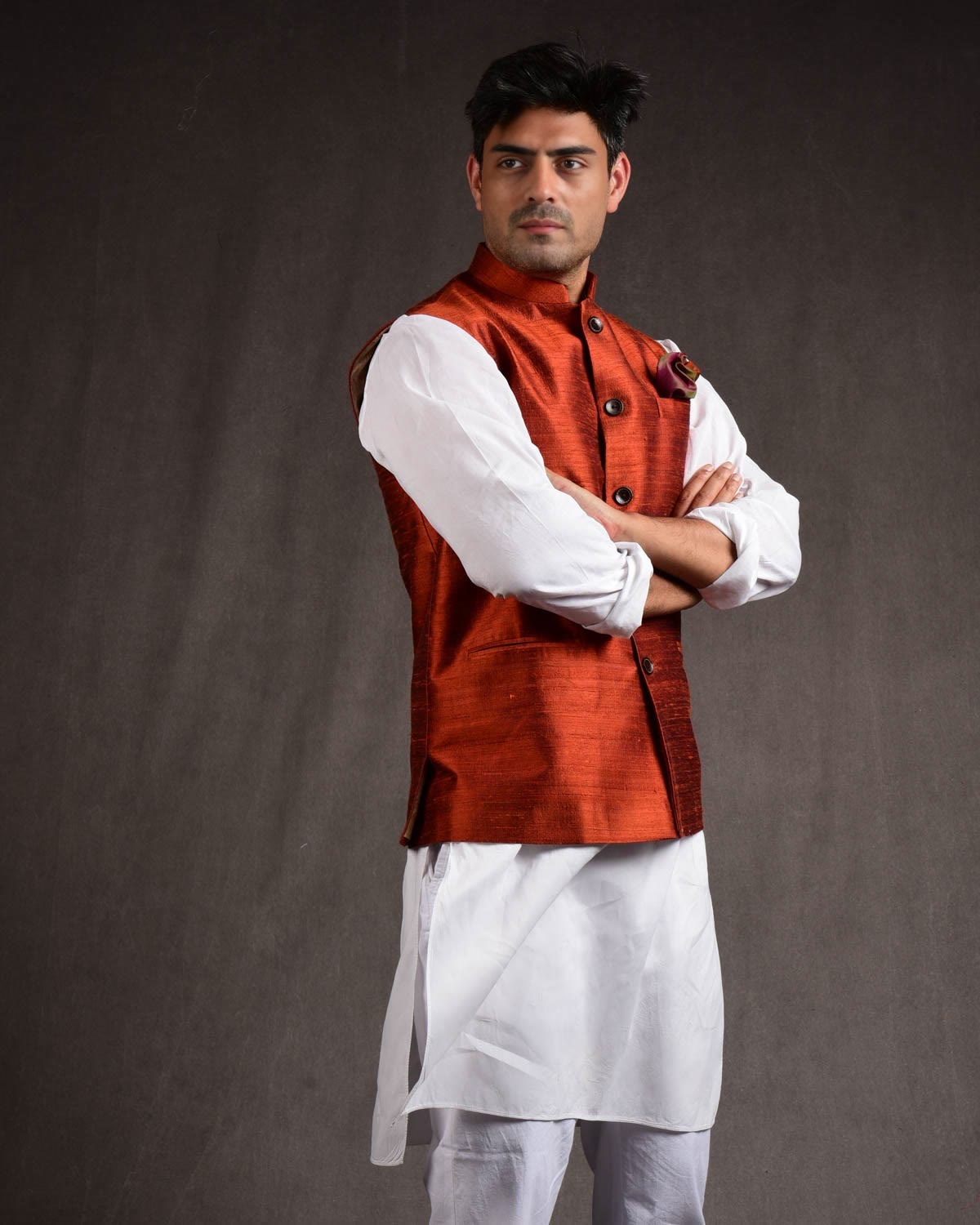 Rust Banarasi Textured Handwoven Raw Silk Mens Modi Jacket-HolyWeaves
