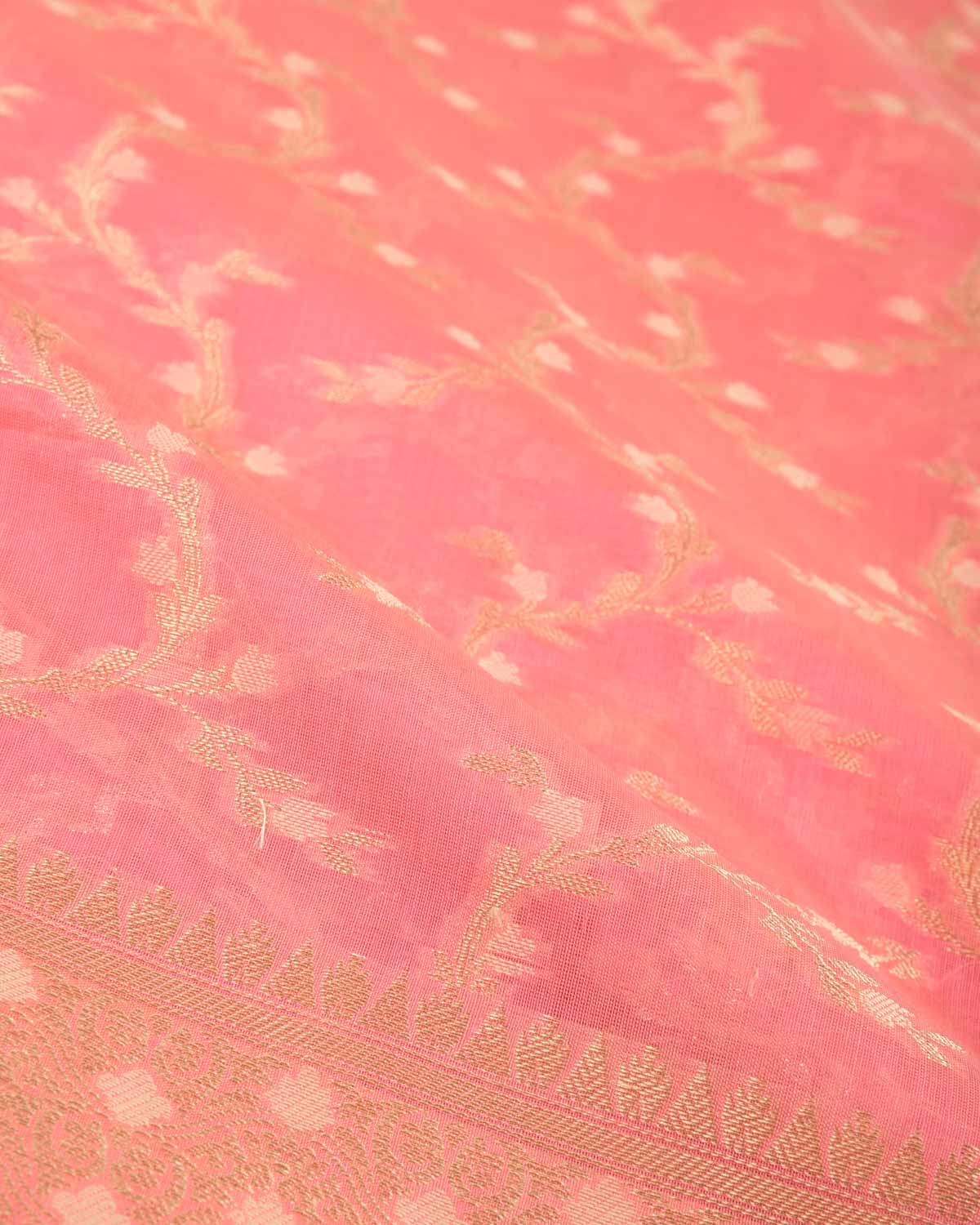 Pink Gold Zari Vines Cutwork Brocade Woven Art Cotton Silk Banarasi Saree-HolyWeaves