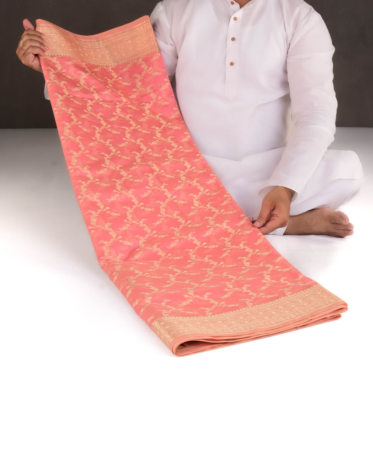 Pink Gold Zari Vines Cutwork Brocade Woven Art Cotton Silk Banarasi Saree-HolyWeaves