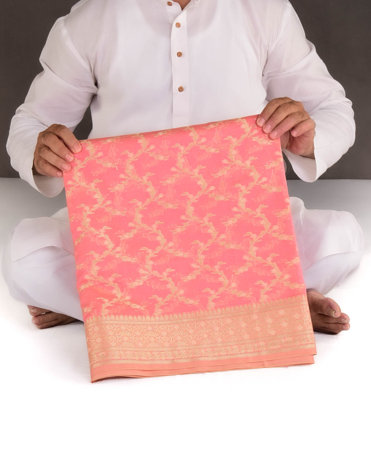 Pink Gold Zari Vines Cutwork Brocade Woven Art Cotton Silk Banarasi Saree-HolyWeaves