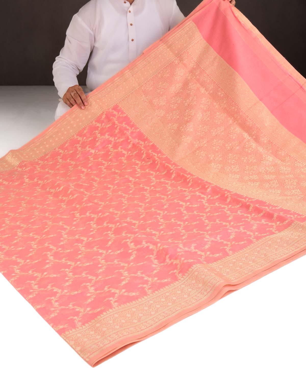 Pink Gold Zari Vines Cutwork Brocade Woven Art Cotton Silk Banarasi Saree-HolyWeaves