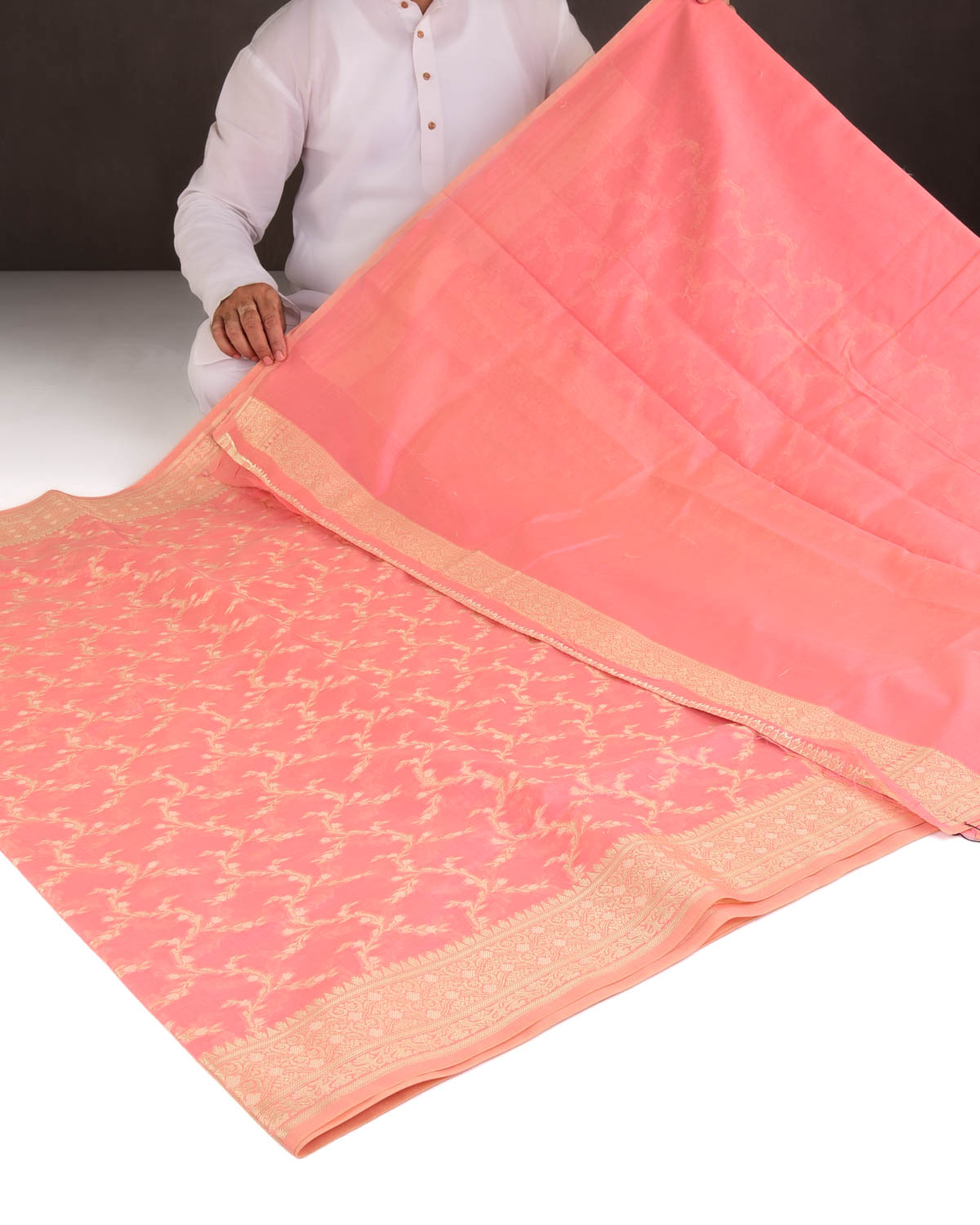 Pink Gold Zari Vines Cutwork Brocade Woven Art Cotton Silk Banarasi Saree-HolyWeaves