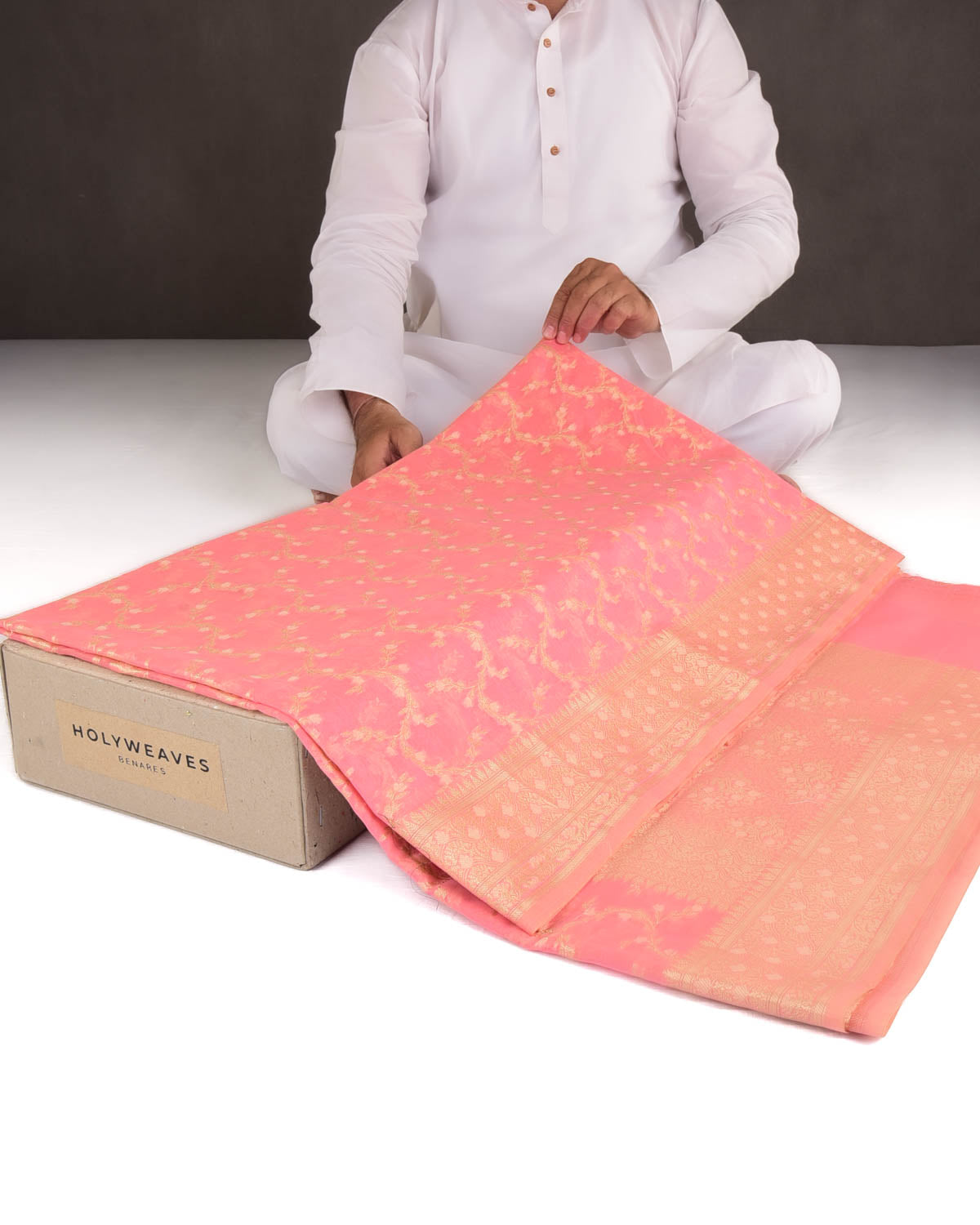 Pink Gold Zari Vines Cutwork Brocade Woven Art Cotton Silk Banarasi Saree-HolyWeaves