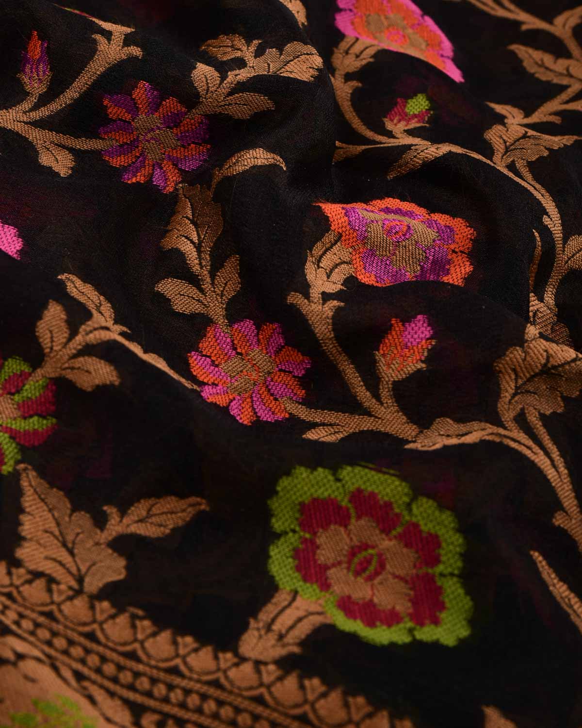 Black Floral Jaal Cutwork Brocade Woven Khaddi Georgette Banarasi Saree-HolyWeaves