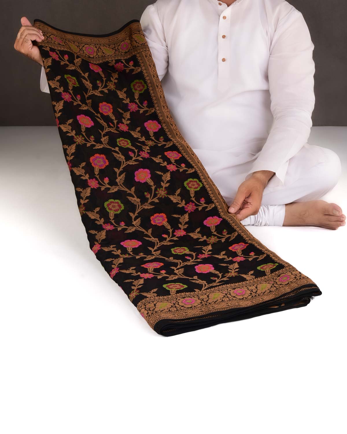 Black Floral Jaal Cutwork Brocade Woven Khaddi Georgette Banarasi Saree-HolyWeaves