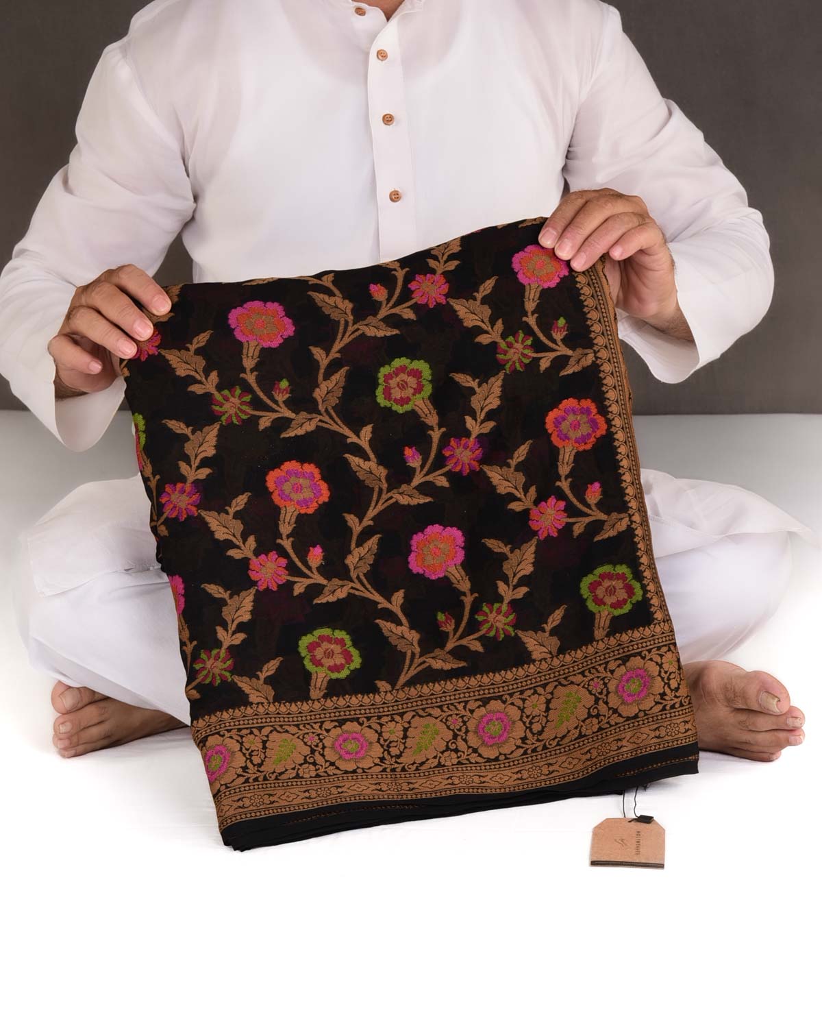 Black Floral Jaal Cutwork Brocade Woven Khaddi Georgette Banarasi Saree-HolyWeaves