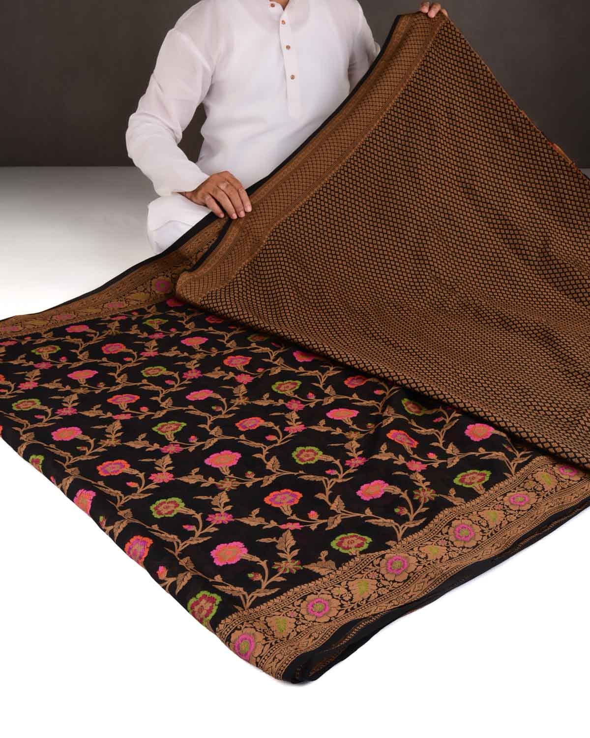 Black Floral Jaal Cutwork Brocade Woven Khaddi Georgette Banarasi Saree-HolyWeaves