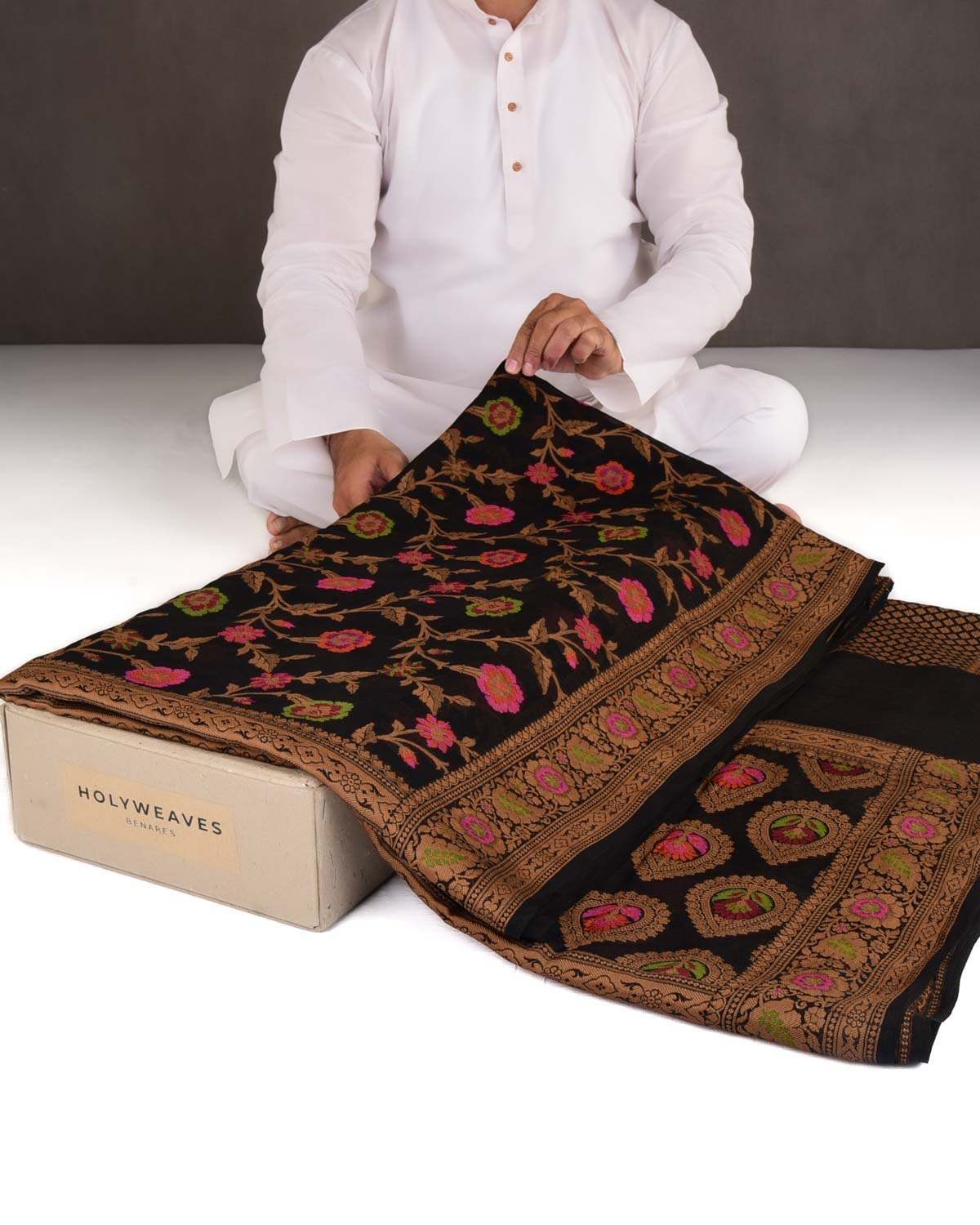 Black Floral Jaal Cutwork Brocade Woven Khaddi Georgette Banarasi Saree-HolyWeaves