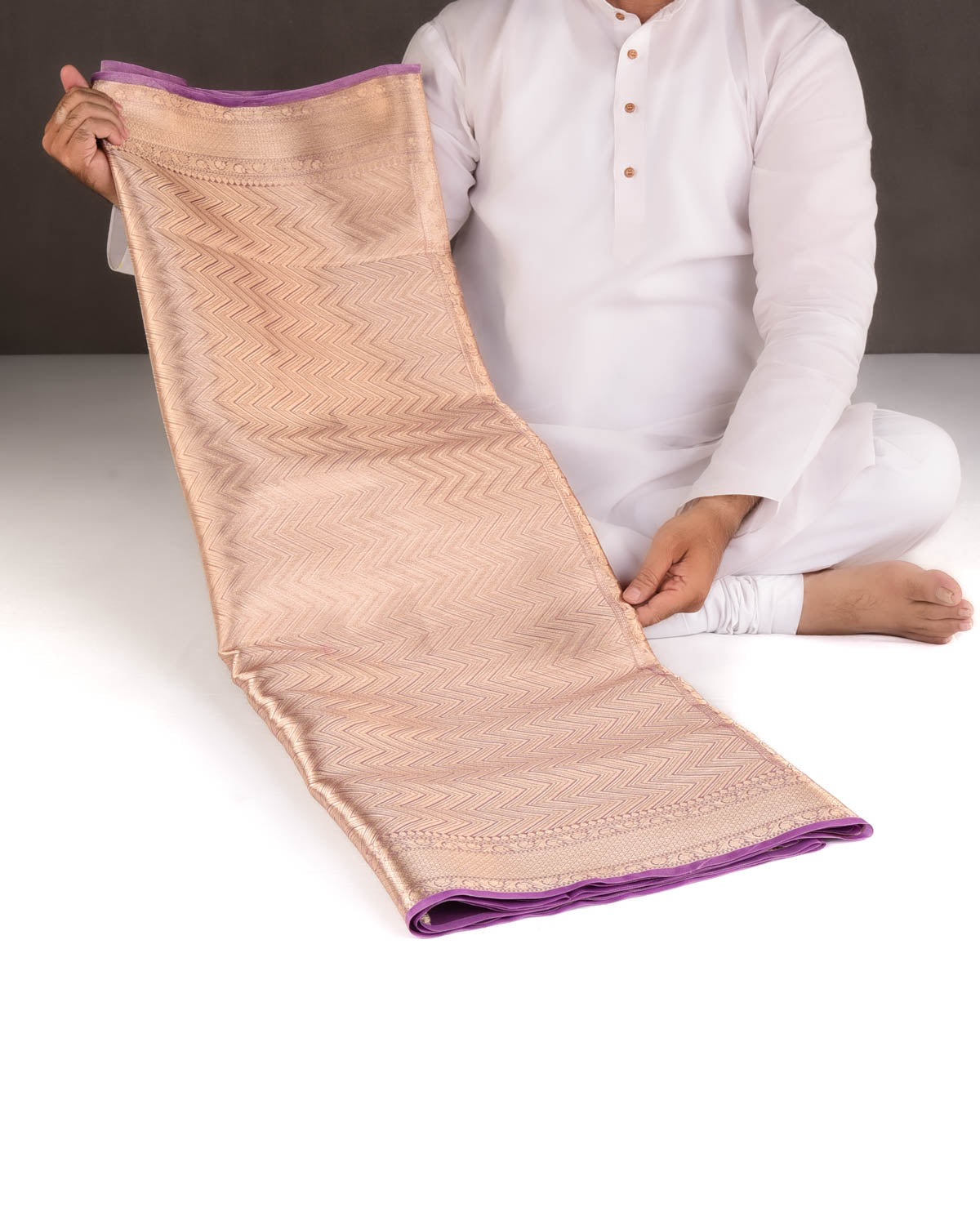Metallic Mauve Gold Zari Chevron Brocade Handwoven Kora Tissue Banarasi Saree-HolyWeaves
