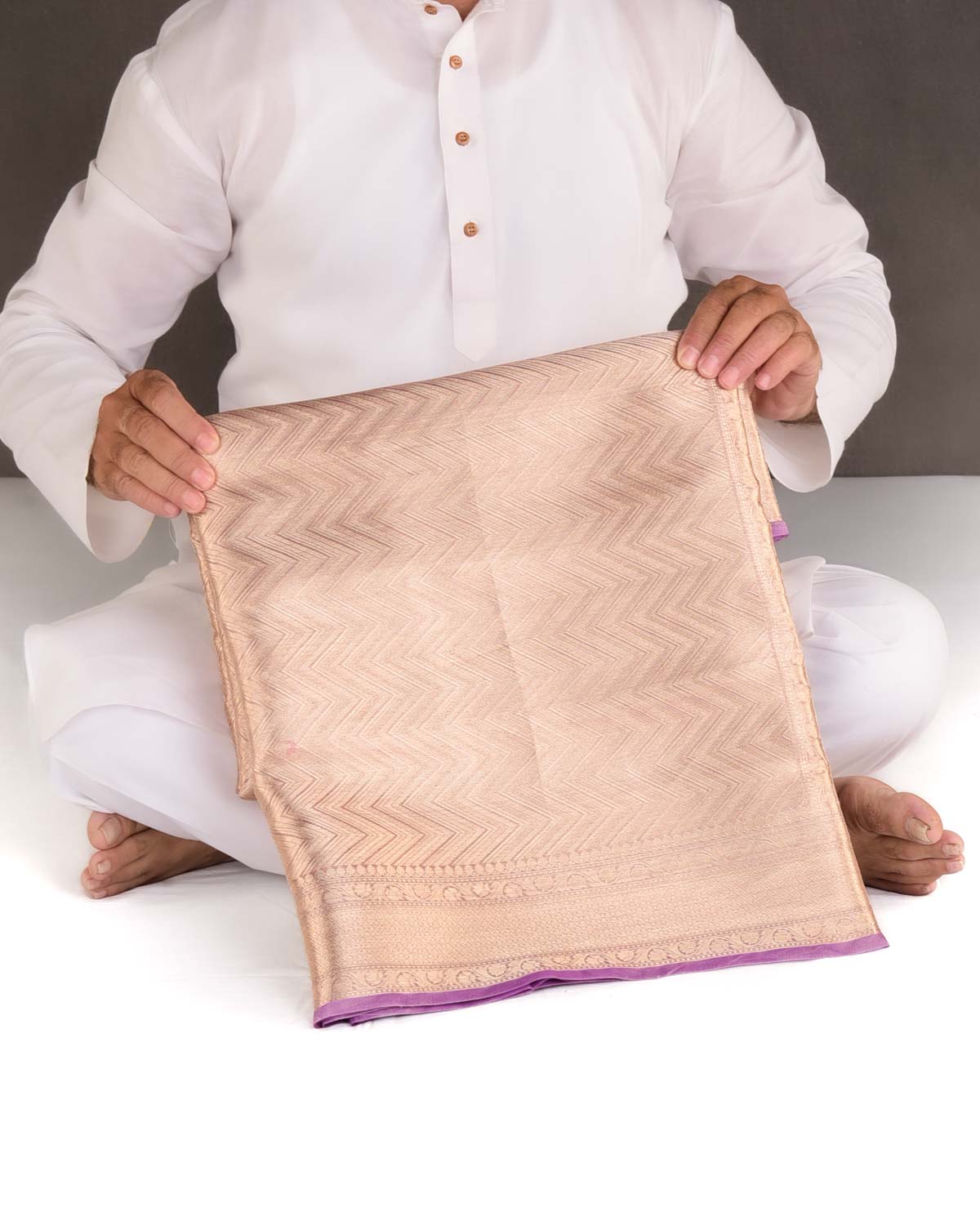 Metallic Mauve Gold Zari Chevron Brocade Handwoven Kora Tissue Banarasi Saree-HolyWeaves