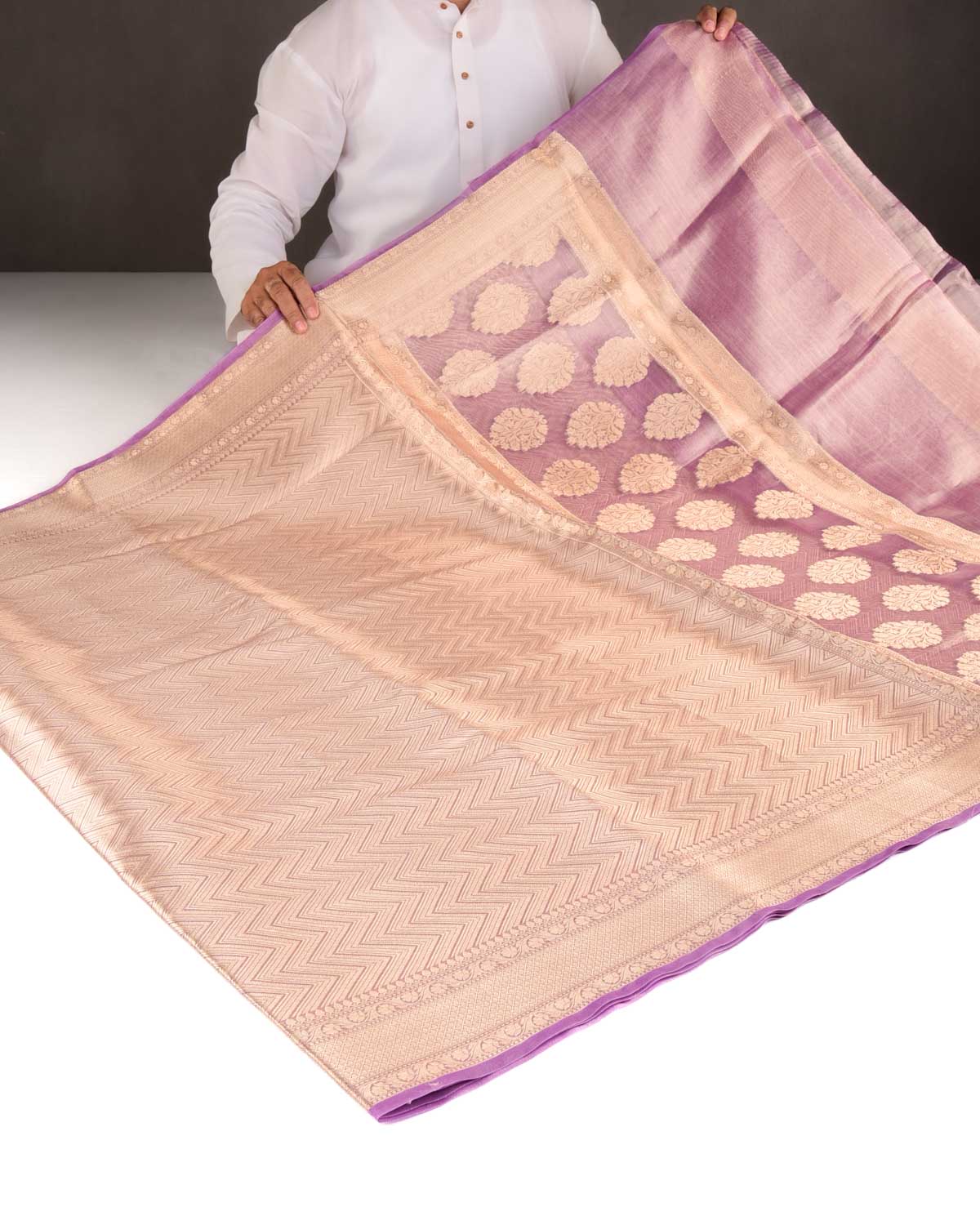 Metallic Mauve Gold Zari Chevron Brocade Handwoven Kora Tissue Banarasi Saree-HolyWeaves
