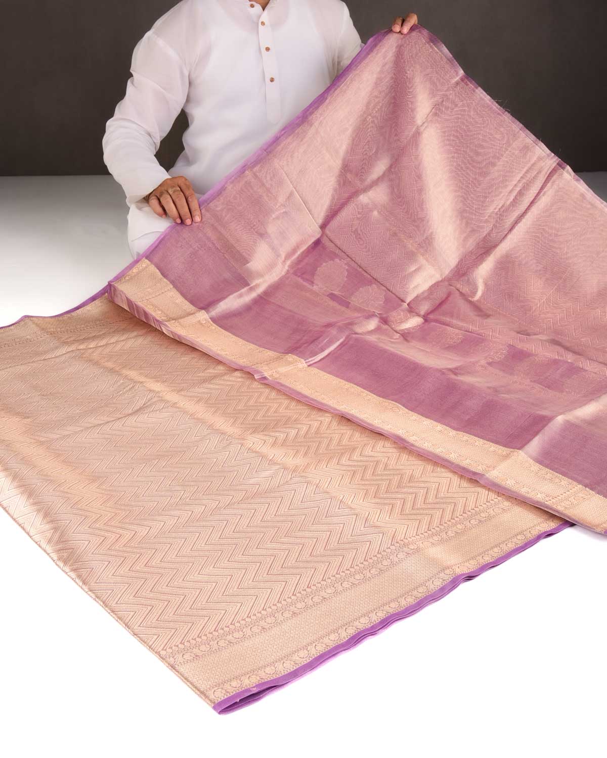 Metallic Mauve Gold Zari Chevron Brocade Handwoven Kora Tissue Banarasi Saree-HolyWeaves