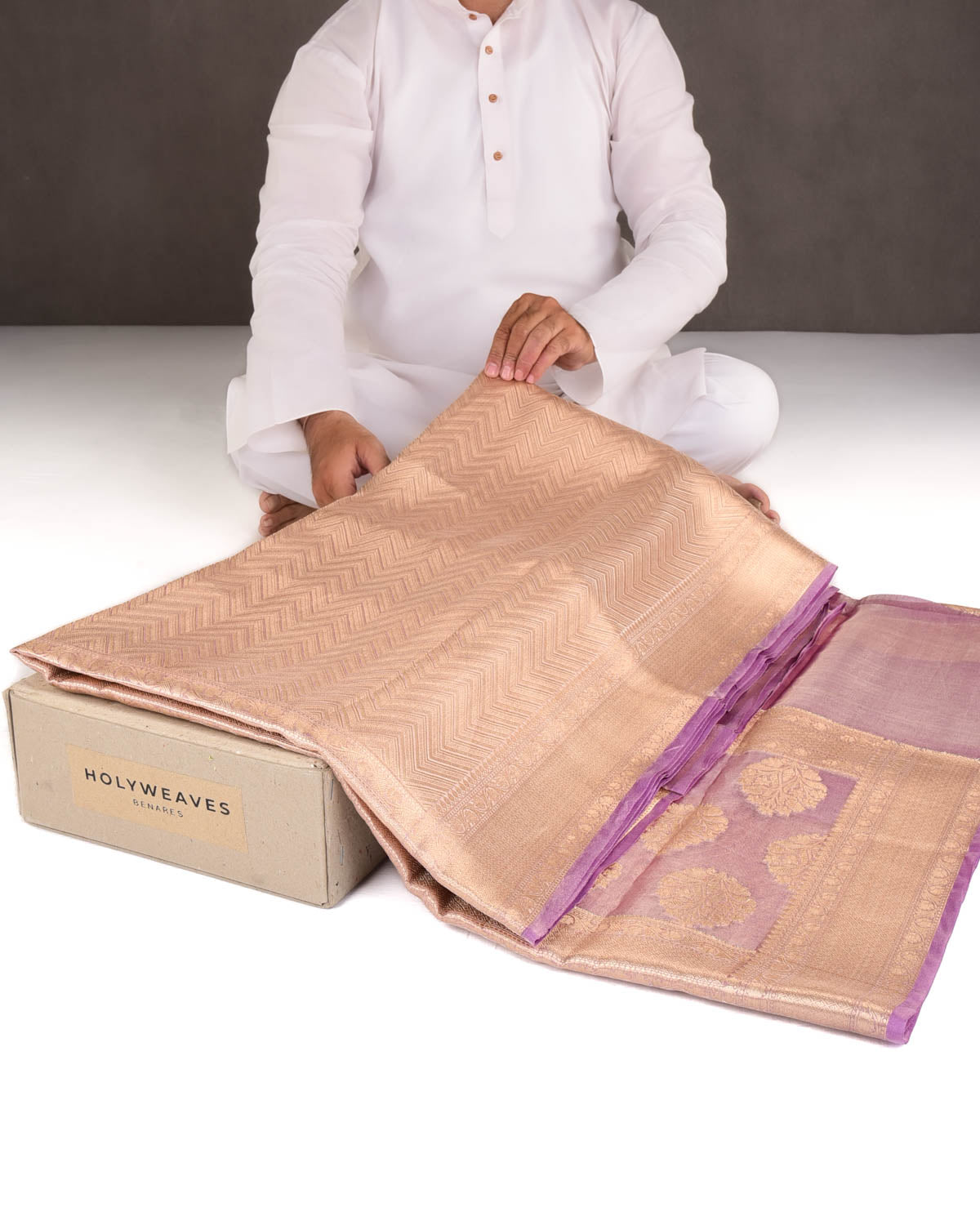 Metallic Mauve Gold Zari Chevron Brocade Handwoven Kora Tissue Banarasi Saree-HolyWeaves