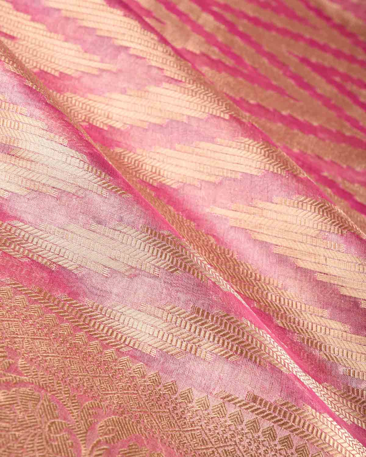 Metallic Pink Gold Zari Chevron Brocade Handwoven Kora Tissue Banarasi Saree-HolyWeaves
