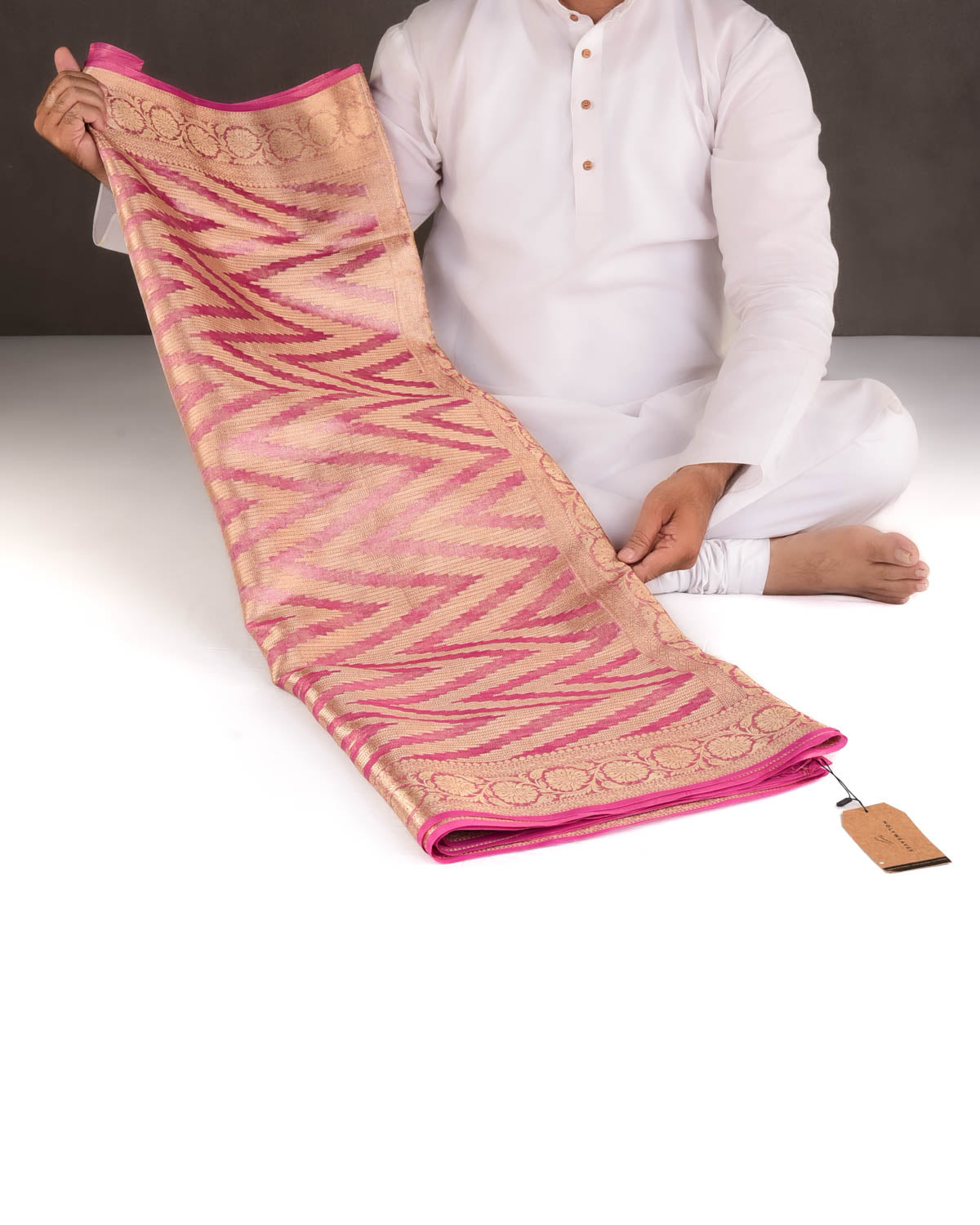 Metallic Pink Gold Zari Chevron Brocade Handwoven Kora Tissue Banarasi Saree-HolyWeaves