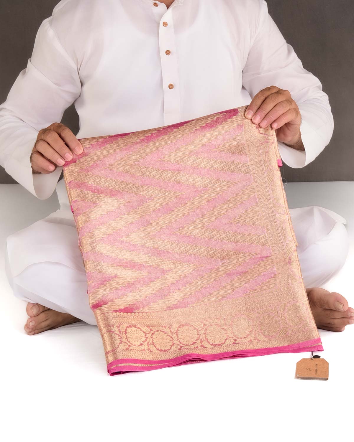 Metallic Pink Gold Zari Chevron Brocade Handwoven Kora Tissue Banarasi Saree-HolyWeaves