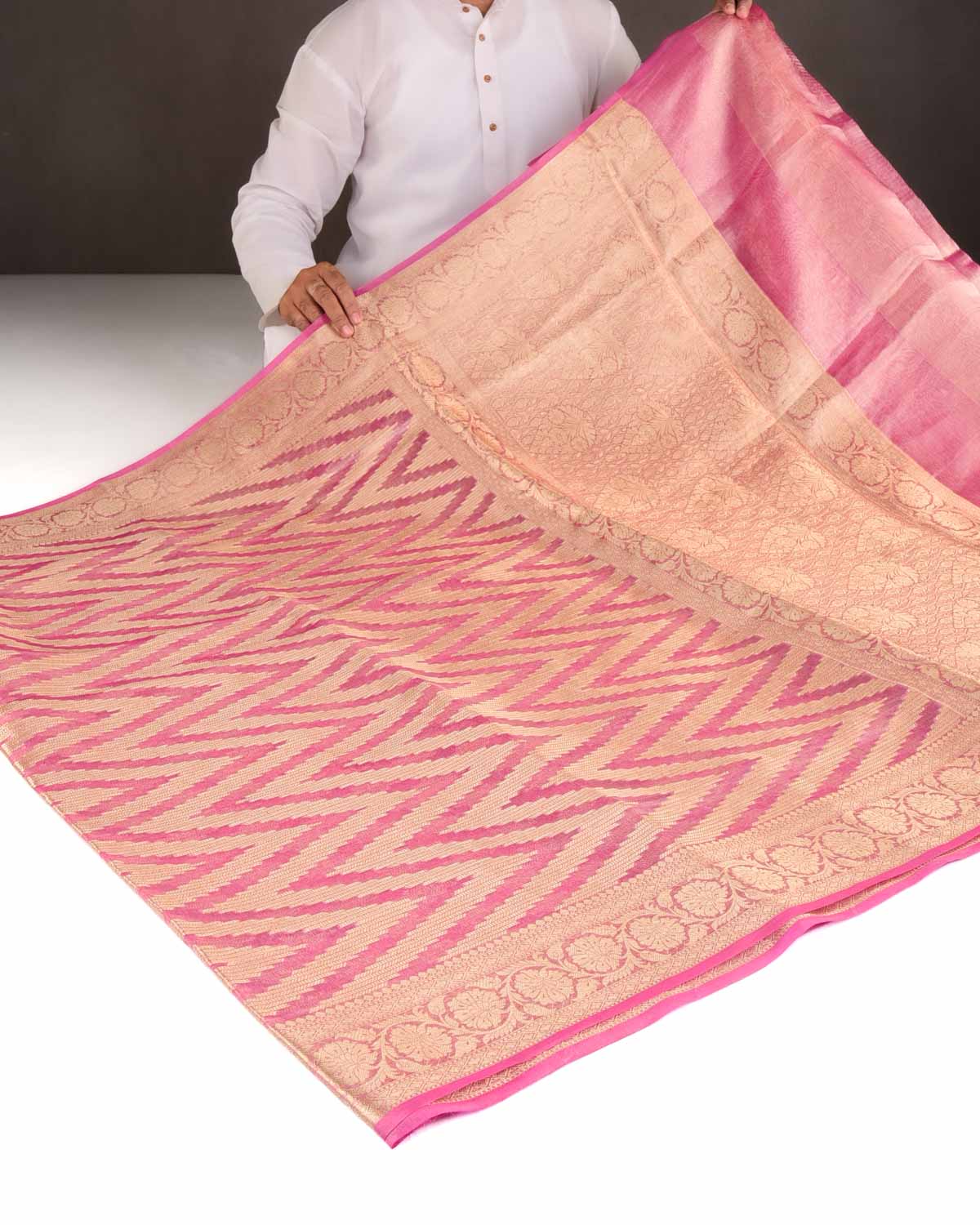 Metallic Pink Gold Zari Chevron Brocade Handwoven Kora Tissue Banarasi Saree-HolyWeaves