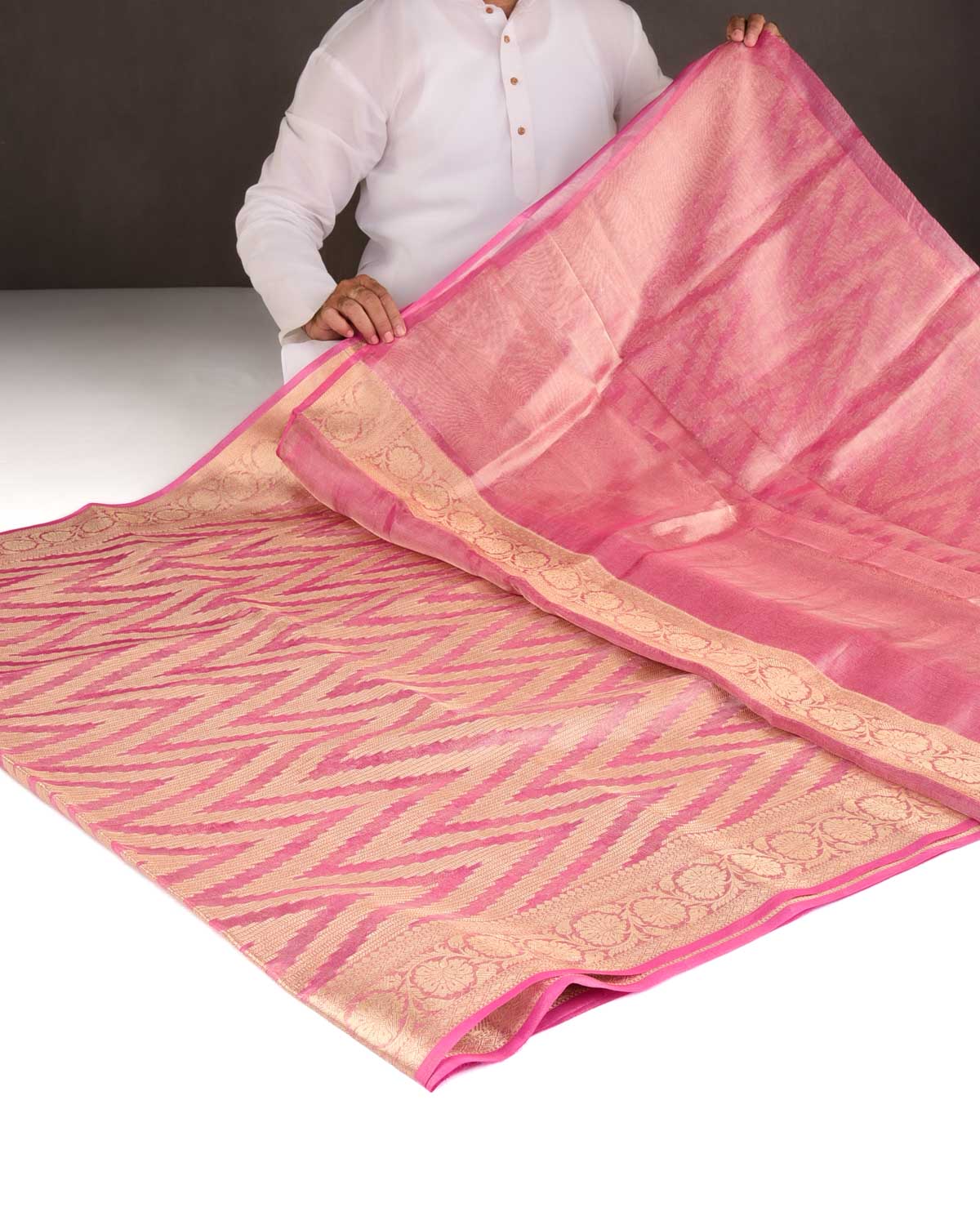 Metallic Pink Gold Zari Chevron Brocade Handwoven Kora Tissue Banarasi Saree-HolyWeaves