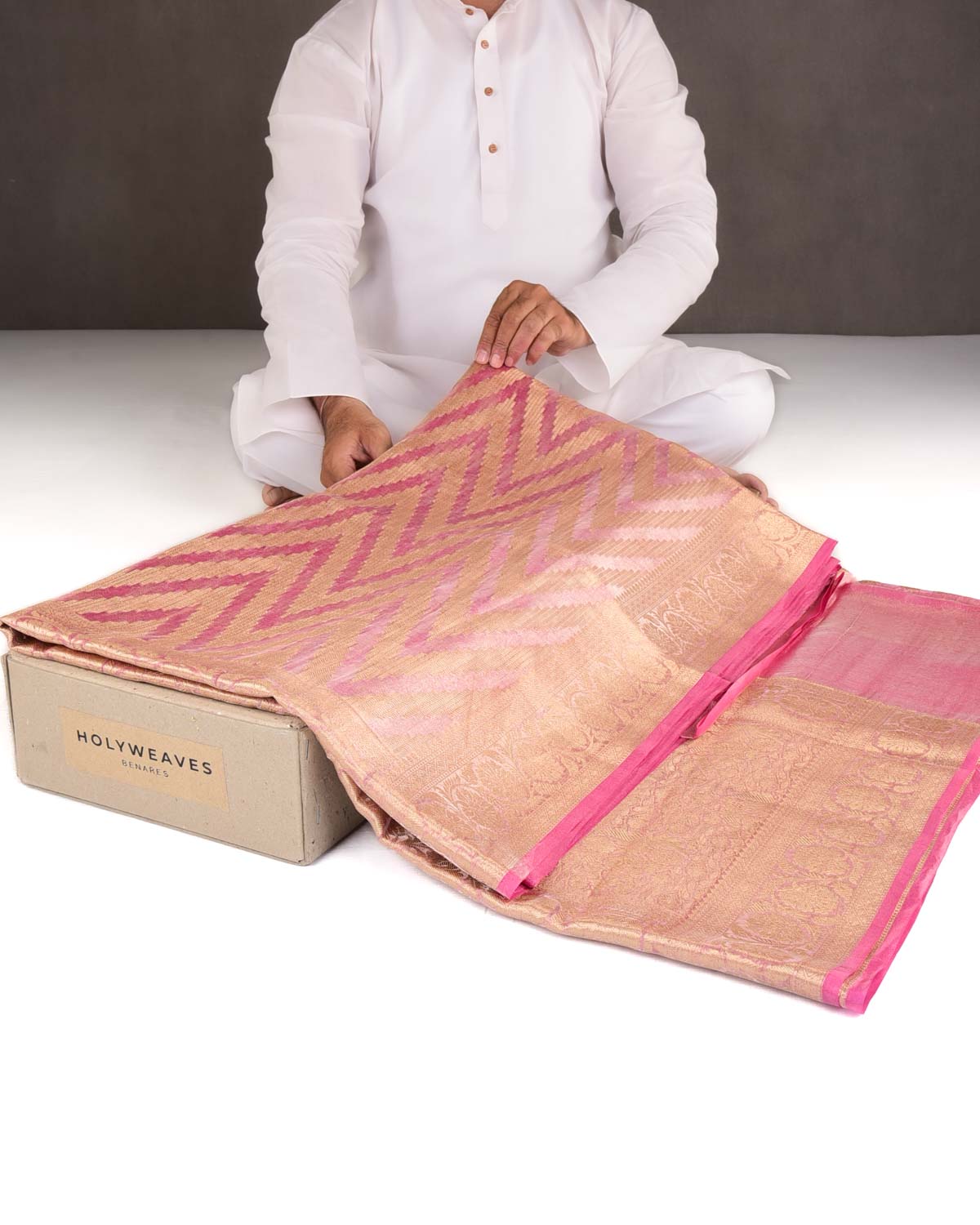 Metallic Pink Gold Zari Chevron Brocade Handwoven Kora Tissue Banarasi Saree-HolyWeaves