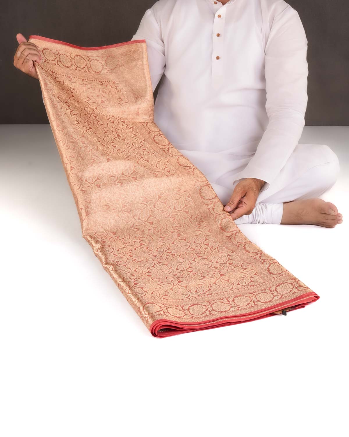 Metallic Red Gold Zari Jaal Brocade Handwoven Kora Tissue Banarasi Saree-HolyWeaves