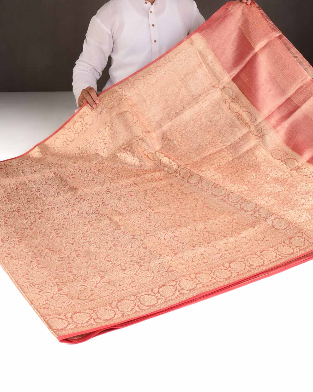 Metallic Red Gold Zari Jaal Brocade Handwoven Kora Tissue Banarasi Saree-HolyWeaves