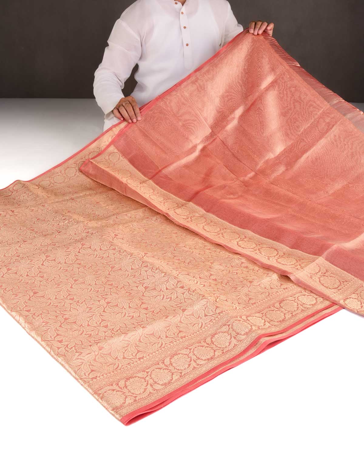 Metallic Red Gold Zari Jaal Brocade Handwoven Kora Tissue Banarasi Saree-HolyWeaves