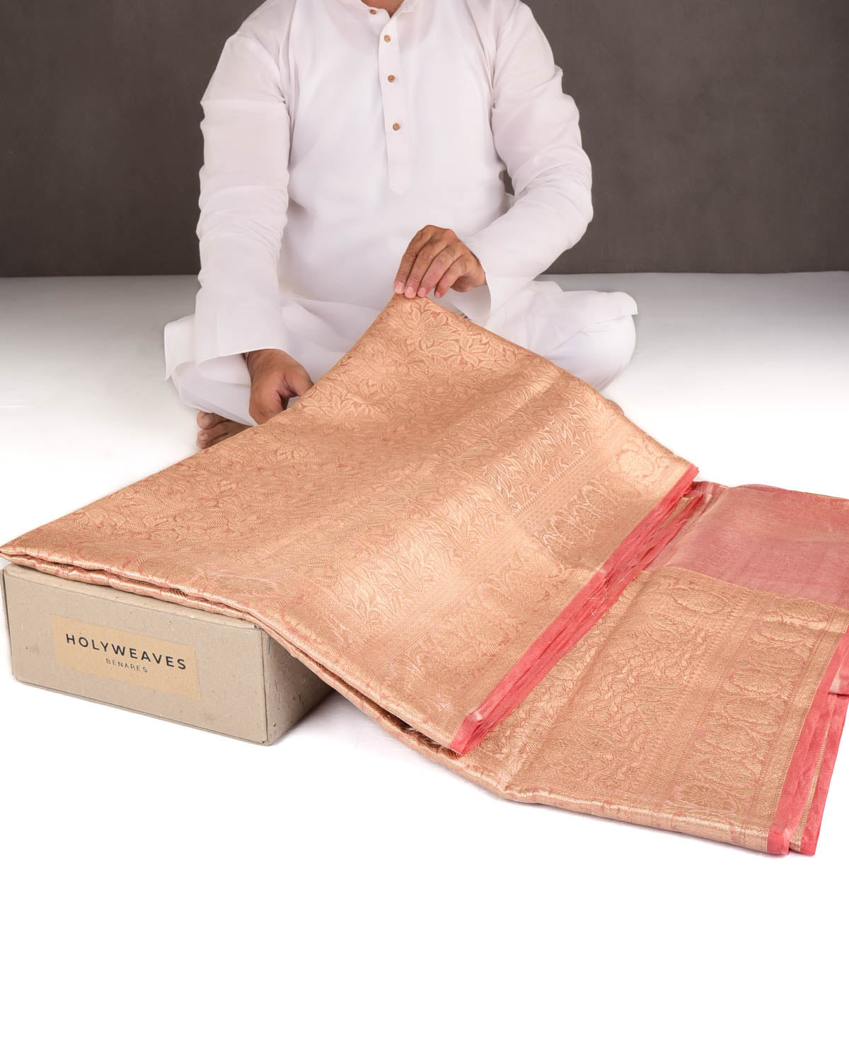 Metallic Red Gold Zari Jaal Brocade Handwoven Kora Tissue Banarasi Saree-HolyWeaves