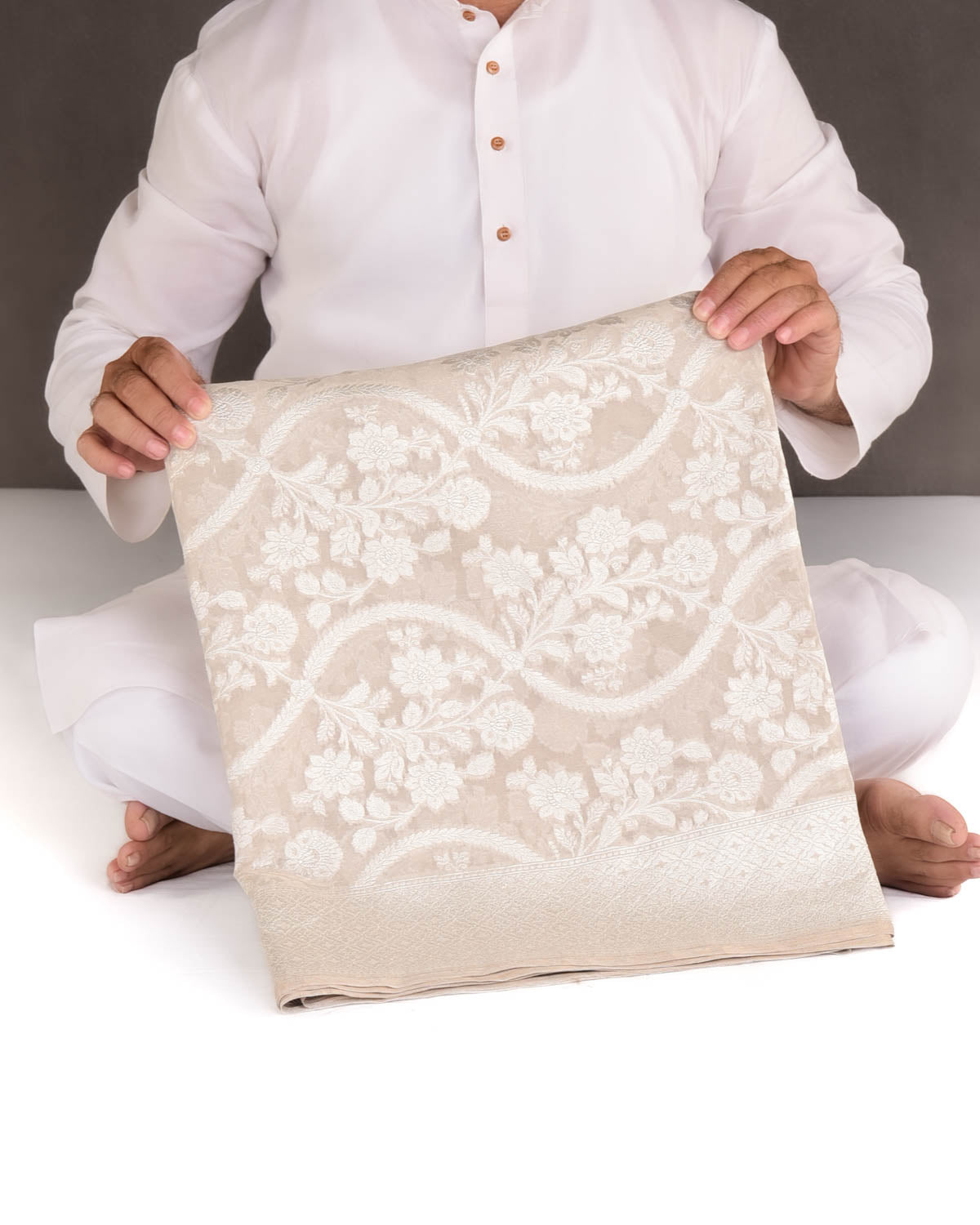 Beige Silver Zari Jaal Cutwork Brocade Handwoven Georgette Tissue Banarasi Saree-HolyWeaves