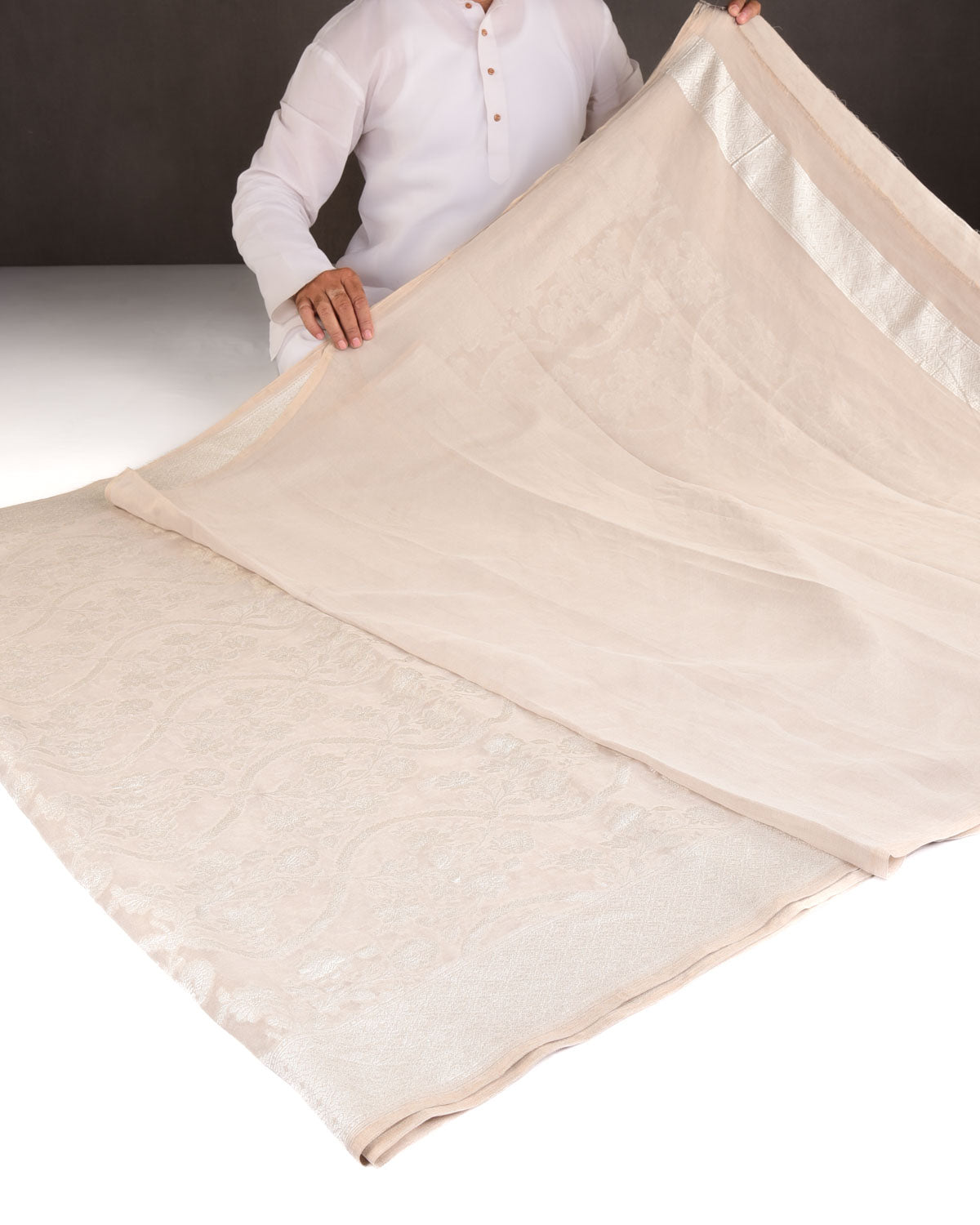 Beige Silver Zari Jaal Cutwork Brocade Handwoven Georgette Tissue Banarasi Saree-HolyWeaves