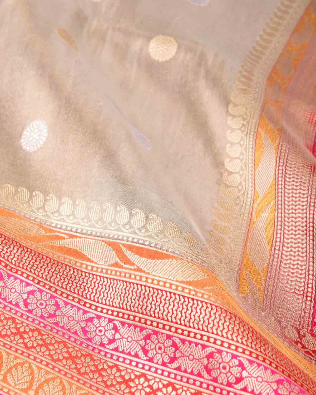 Metallic Beige Gold & Silver Zari Asahrfi Buti Kadhuan Brocade Handwoven Katan Tissue Banarasi Saree with Multi-color Border Pallu-HolyWeaves
