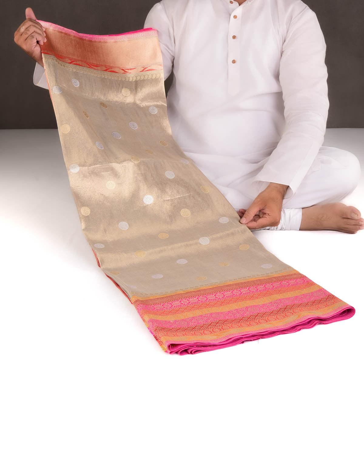 Metallic Beige Gold & Silver Zari Asahrfi Buti Kadhuan Brocade Handwoven Katan Tissue Banarasi Saree with Multi-color Border Pallu-HolyWeaves