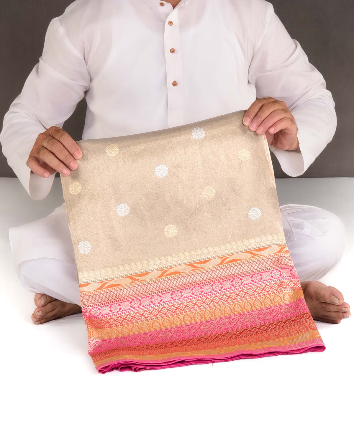 Metallic Beige Gold & Silver Zari Asahrfi Buti Kadhuan Brocade Handwoven Katan Tissue Banarasi Saree with Multi-color Border Pallu-HolyWeaves