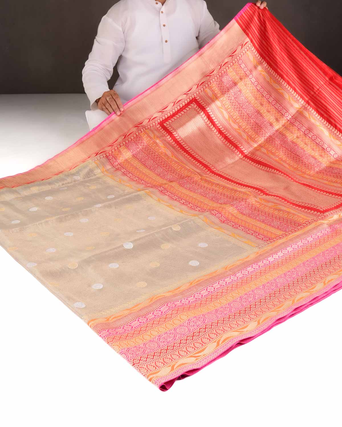 Metallic Beige Gold & Silver Zari Asahrfi Buti Kadhuan Brocade Handwoven Katan Tissue Banarasi Saree with Multi-color Border Pallu-HolyWeaves