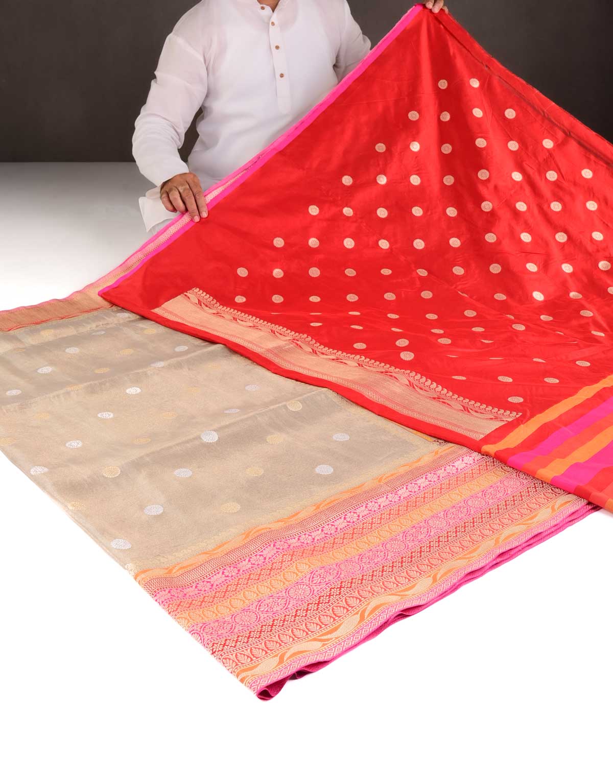 Metallic Beige Gold & Silver Zari Asahrfi Buti Kadhuan Brocade Handwoven Katan Tissue Banarasi Saree with Multi-color Border Pallu-HolyWeaves