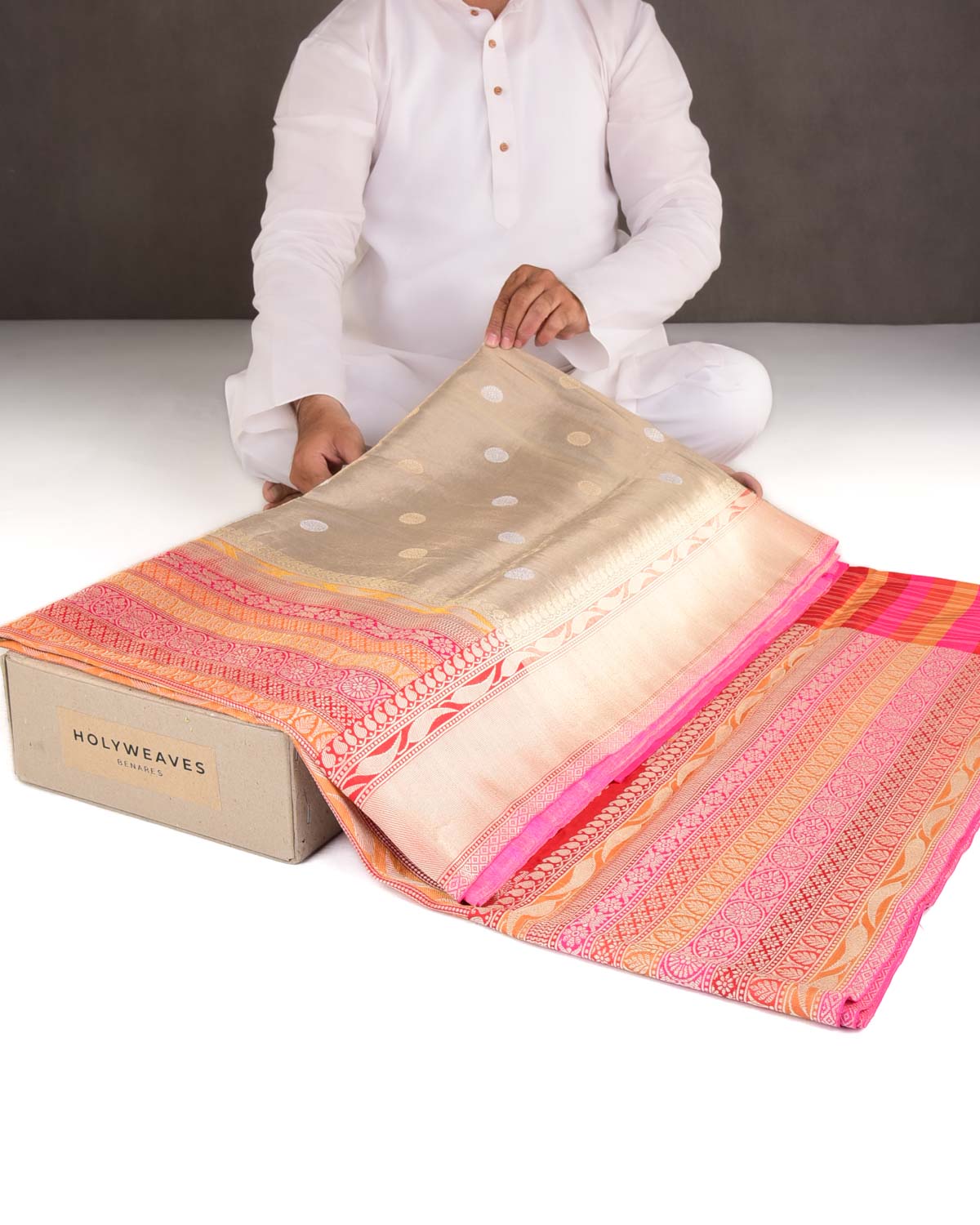 Metallic Beige Gold & Silver Zari Asahrfi Buti Kadhuan Brocade Handwoven Katan Tissue Banarasi Saree with Multi-color Border Pallu-HolyWeaves