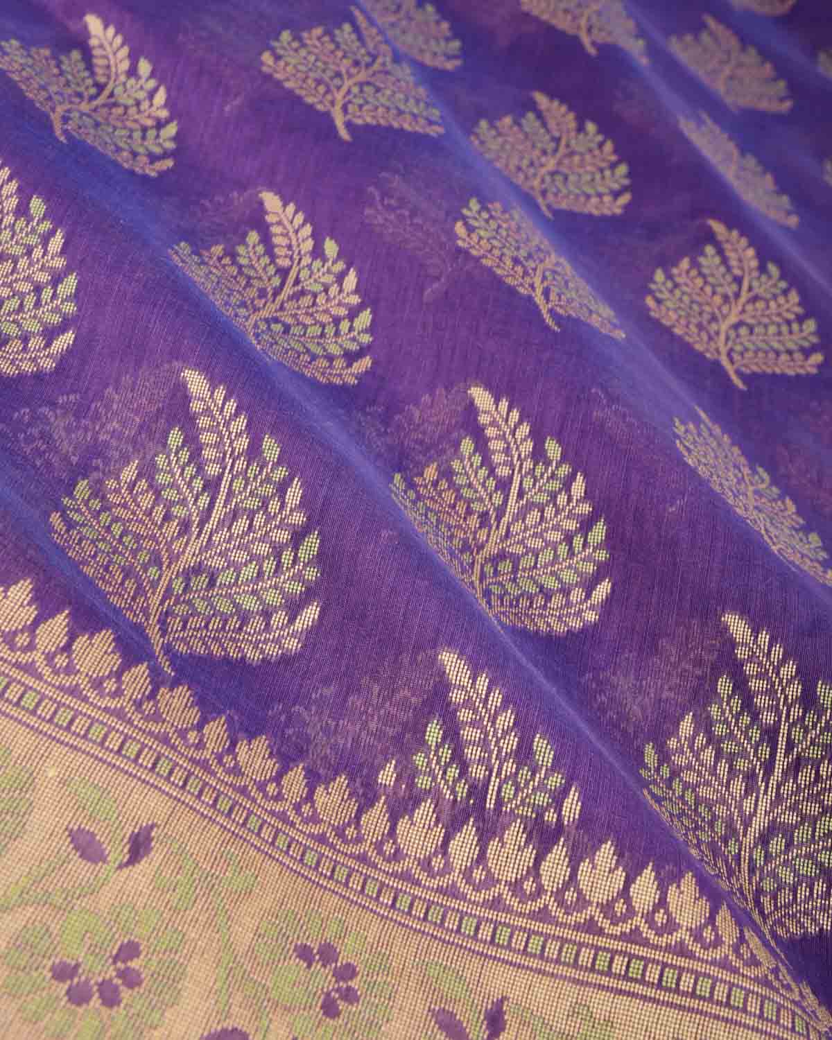 Shot Purple Resham Alfi Buta Cutwork Brocade Woven Cotton Silk Banarasi Saree-HolyWeaves