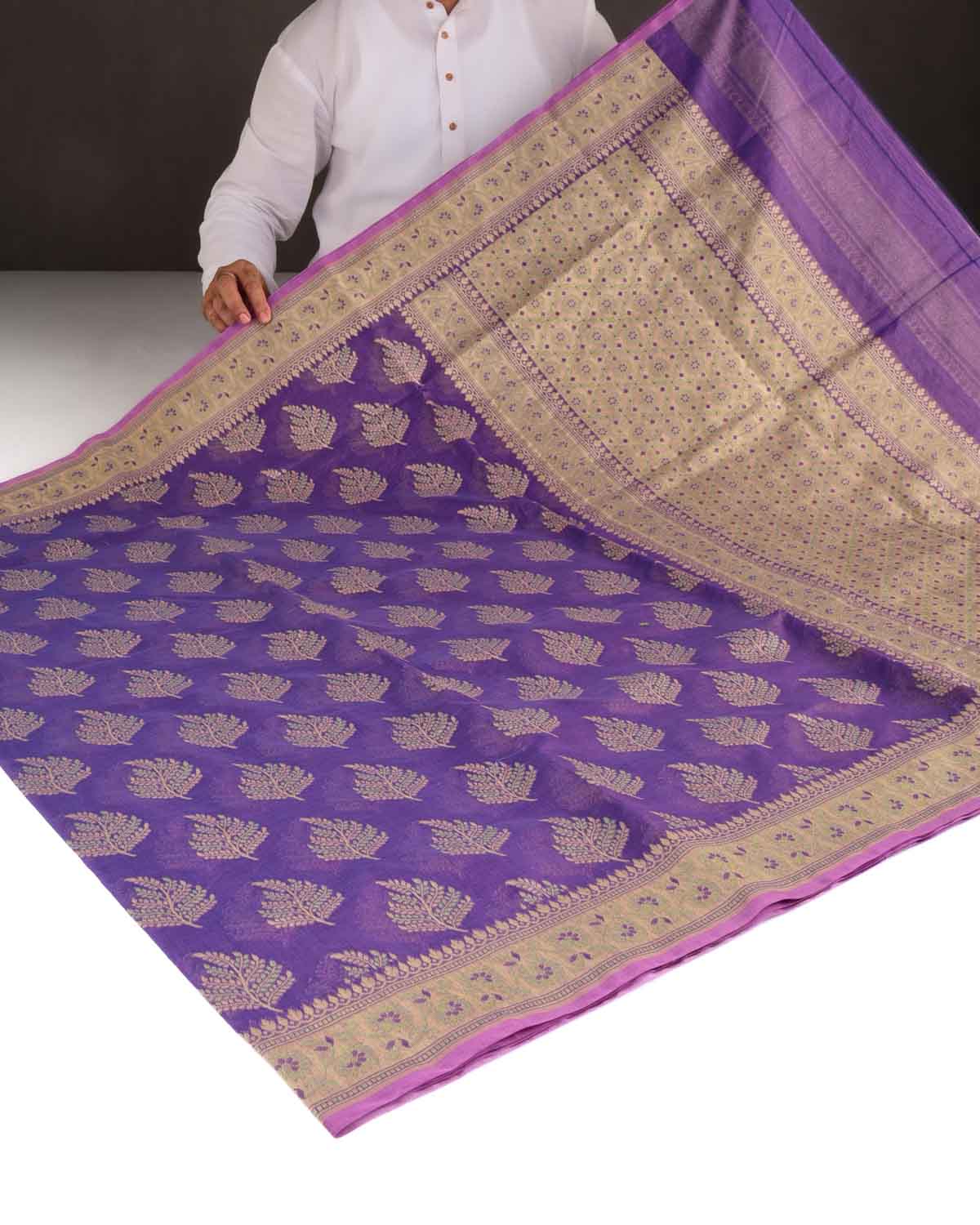 Shot Purple Resham Alfi Buta Cutwork Brocade Woven Cotton Silk Banarasi Saree-HolyWeaves