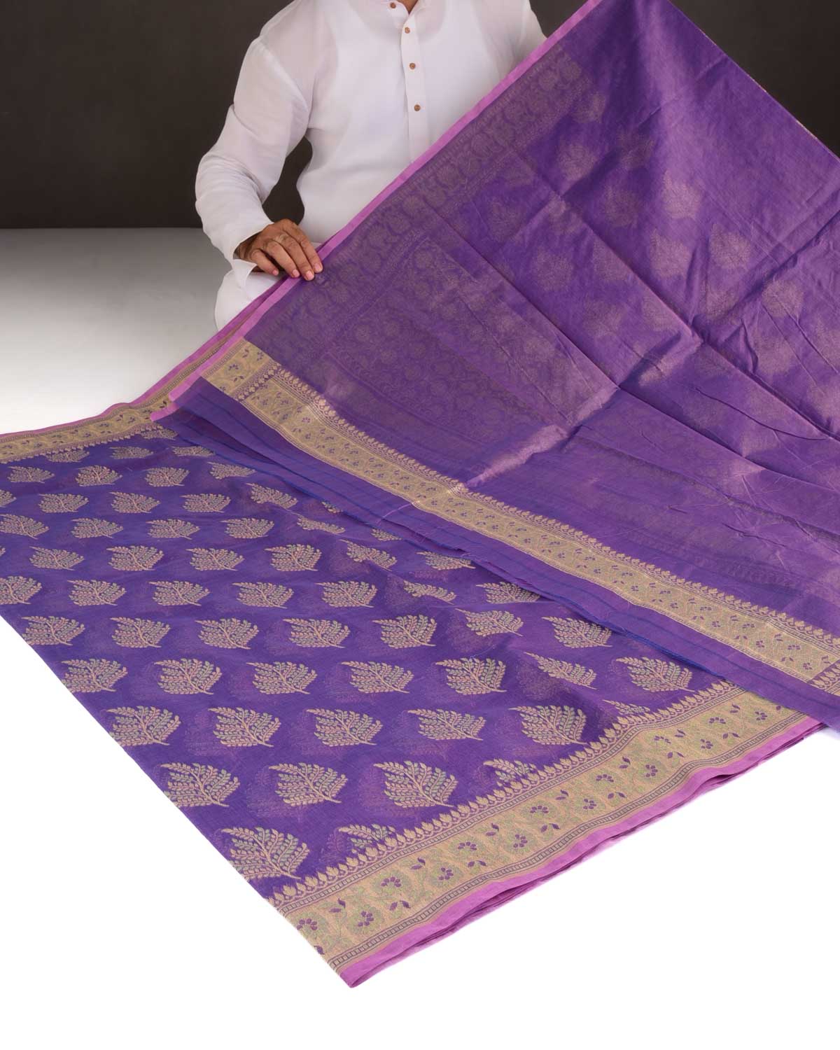 Shot Purple Resham Alfi Buta Cutwork Brocade Woven Cotton Silk Banarasi Saree-HolyWeaves