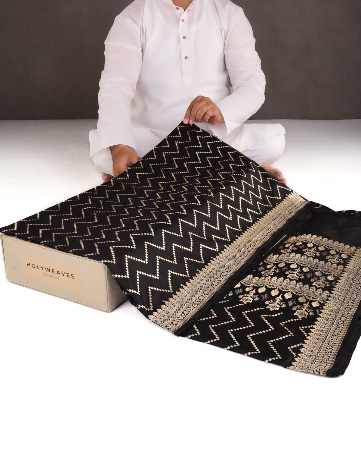 Black Gold Zari Chequered Chevron Cutwork Brocade Handwoven Katan Silk Banarasi Saree-HolyWeaves