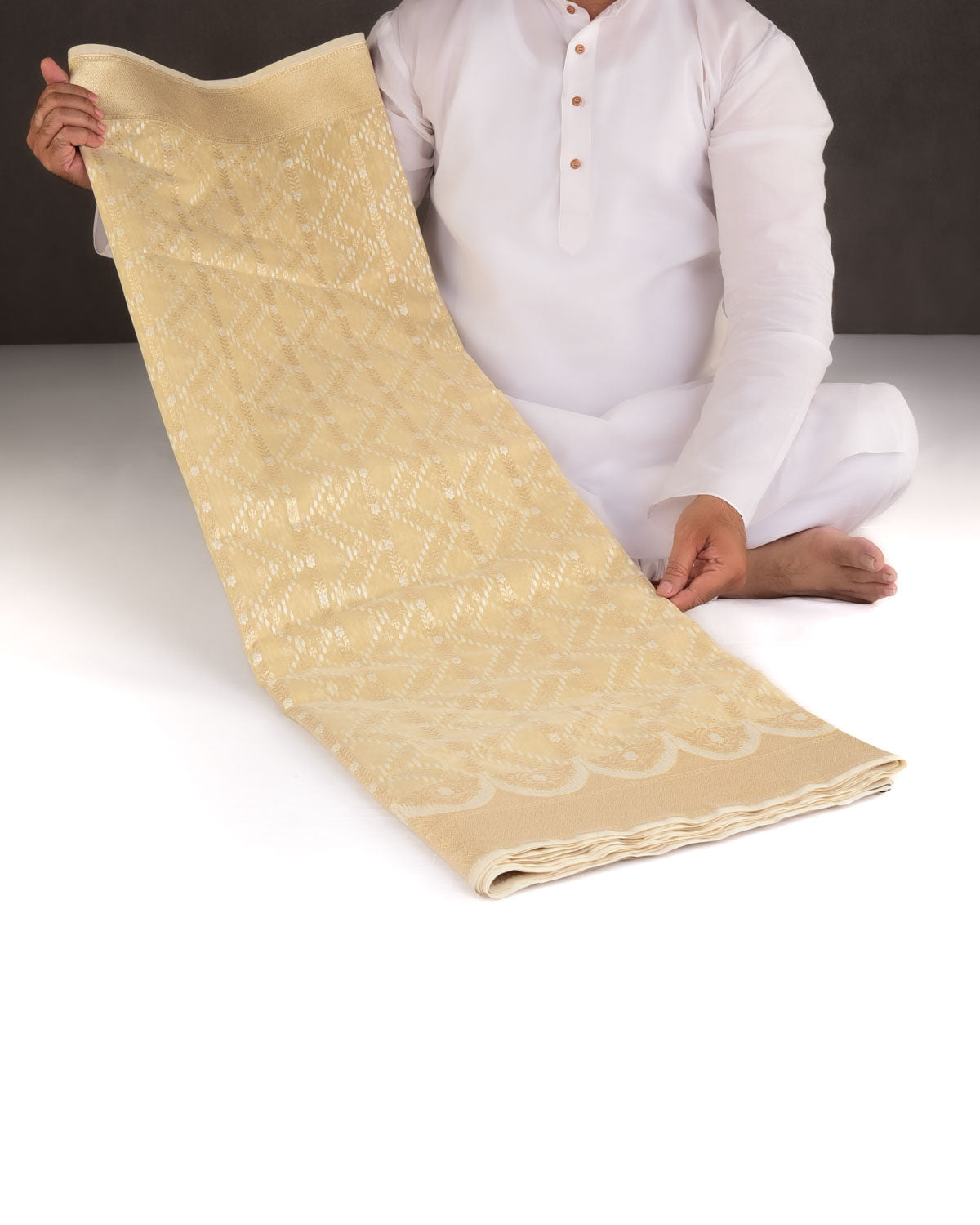 Beige Gold Zari & Resham Cutwork Brocade Woven Art Cotton Silk Banarasi Saree-HolyWeaves