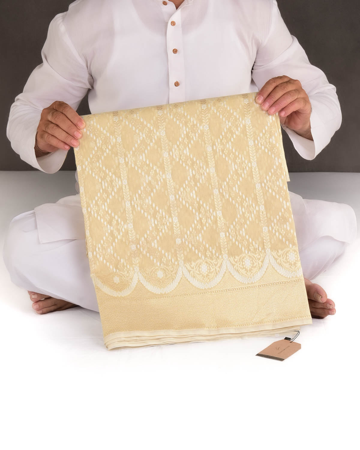 Beige Gold Zari & Resham Cutwork Brocade Woven Art Cotton Silk Banarasi Saree-HolyWeaves