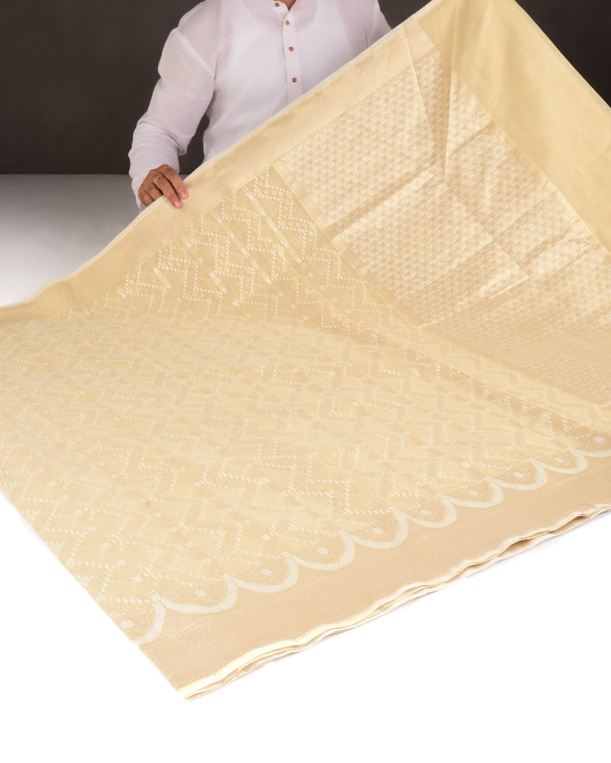 Beige Gold Zari & Resham Cutwork Brocade Woven Art Cotton Silk Banarasi Saree-HolyWeaves