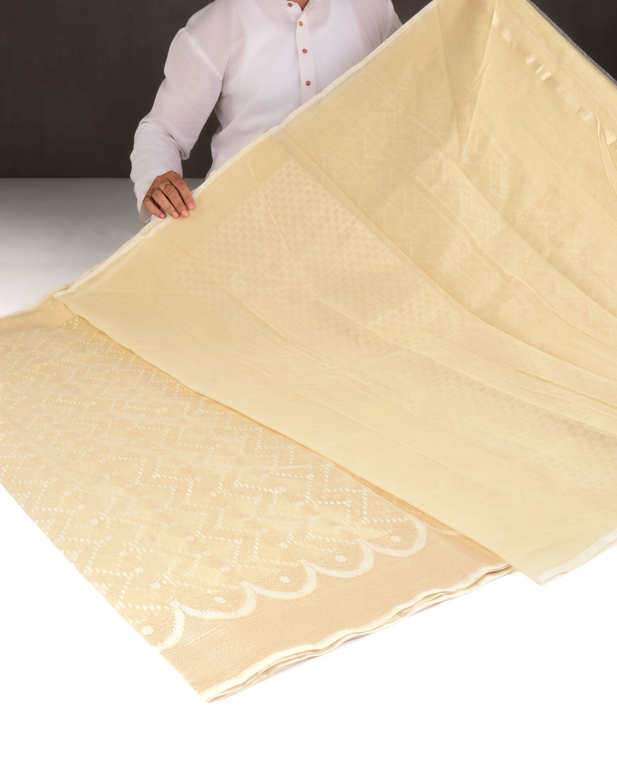 Beige Gold Zari & Resham Cutwork Brocade Woven Art Cotton Silk Banarasi Saree-HolyWeaves