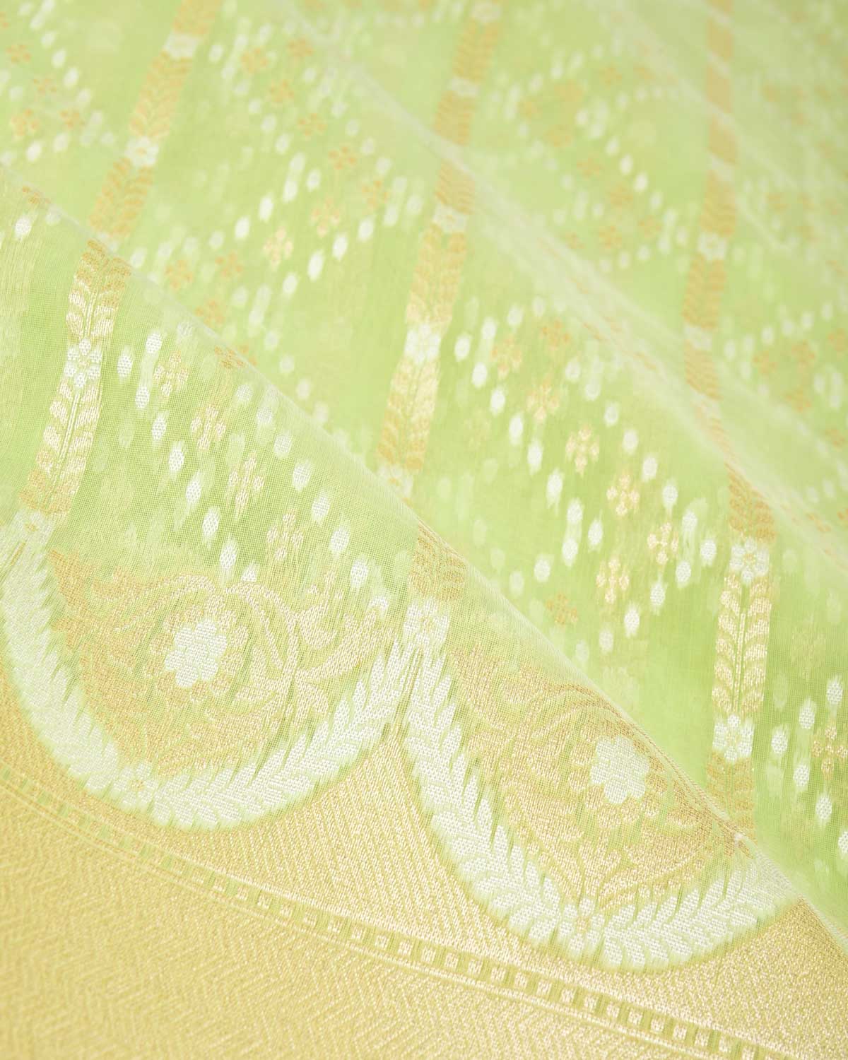 Sage Green Gold Zari & Resham Cutwork Brocade Woven Art Cotton Silk Banarasi Saree-HolyWeaves