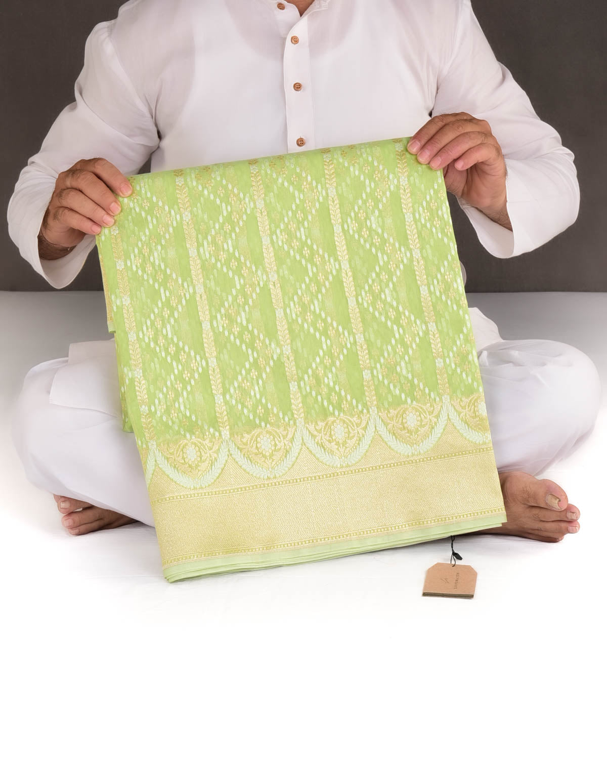 Sage Green Gold Zari & Resham Cutwork Brocade Woven Art Cotton Silk Banarasi Saree-HolyWeaves