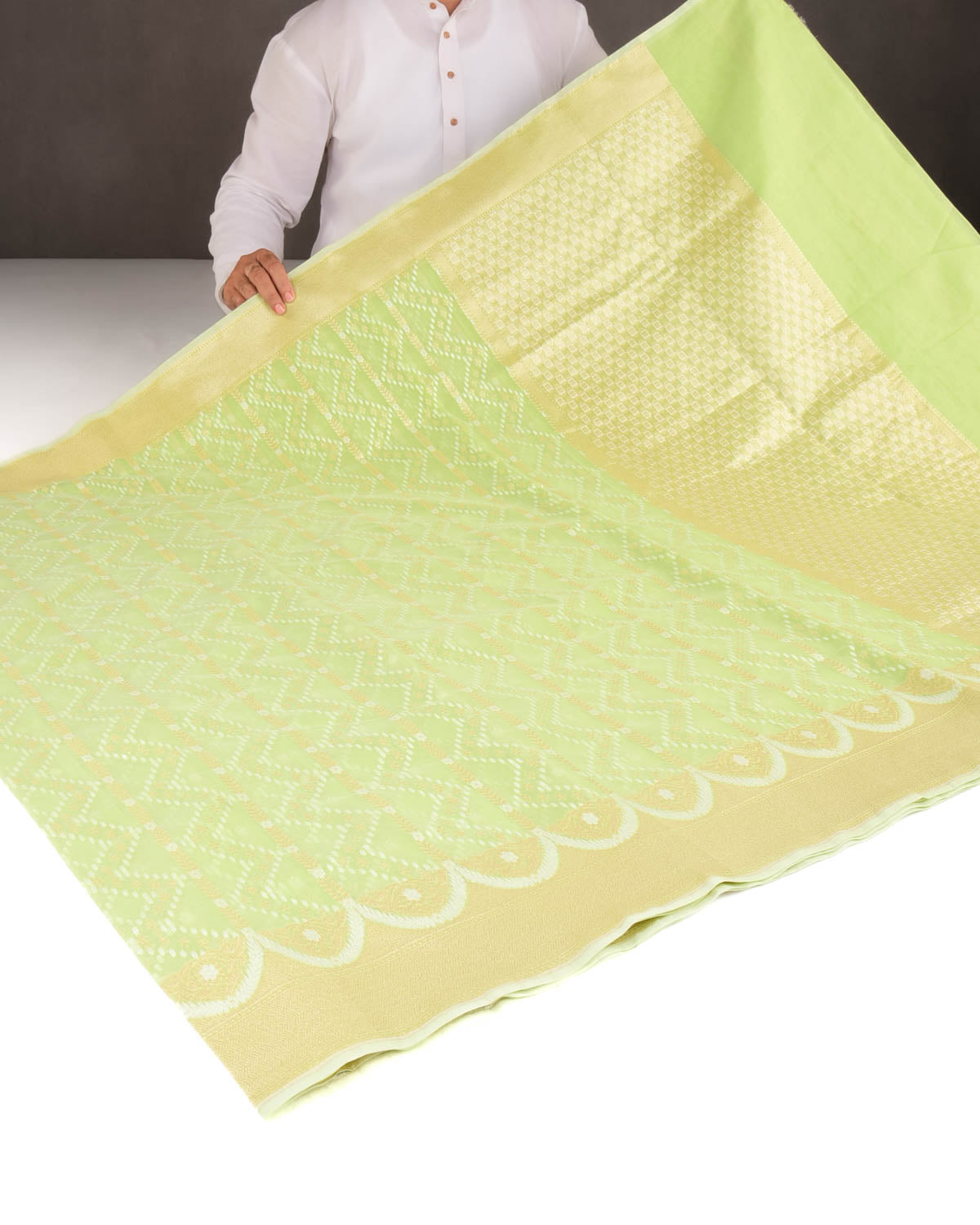 Sage Green Gold Zari & Resham Cutwork Brocade Woven Art Cotton Silk Banarasi Saree-HolyWeaves