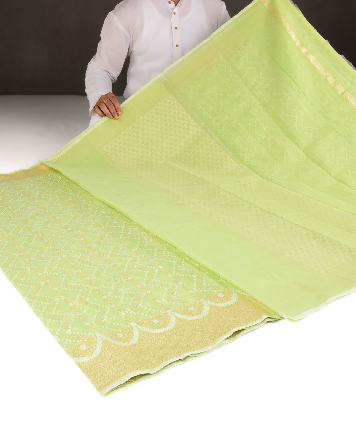 Sage Green Gold Zari & Resham Cutwork Brocade Woven Art Cotton Silk Banarasi Saree-HolyWeaves