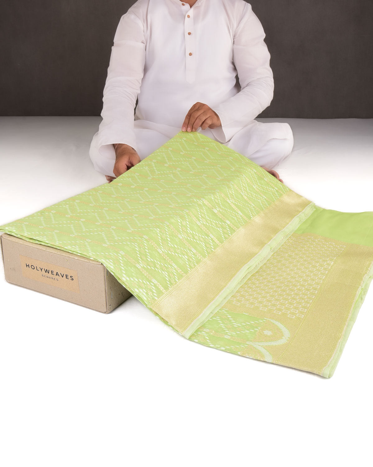 Sage Green Gold Zari & Resham Cutwork Brocade Woven Art Cotton Silk Banarasi Saree-HolyWeaves