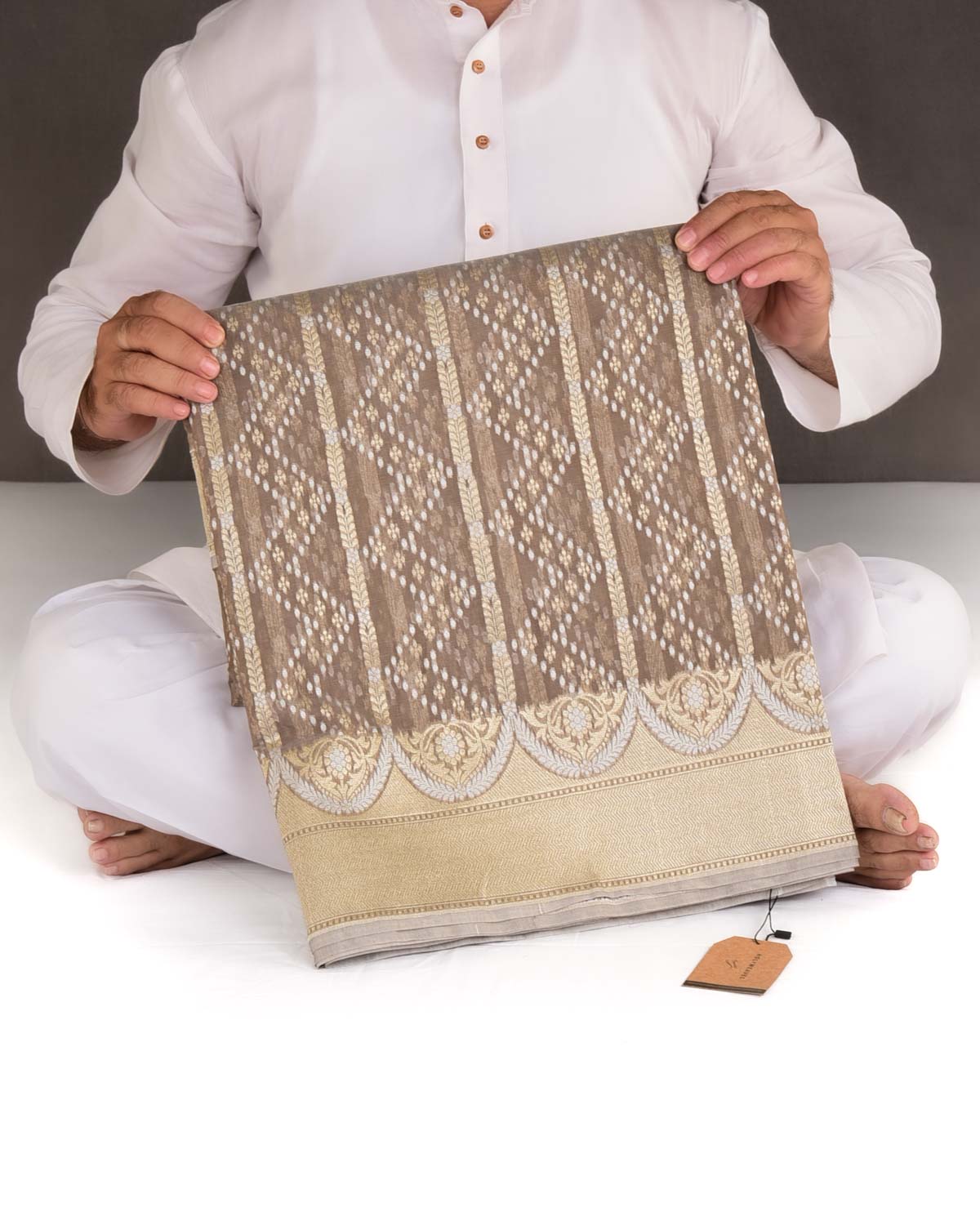 Brown Gold Zari & Resham Cutwork Brocade Woven Art Cotton Silk Banarasi Saree-HolyWeaves